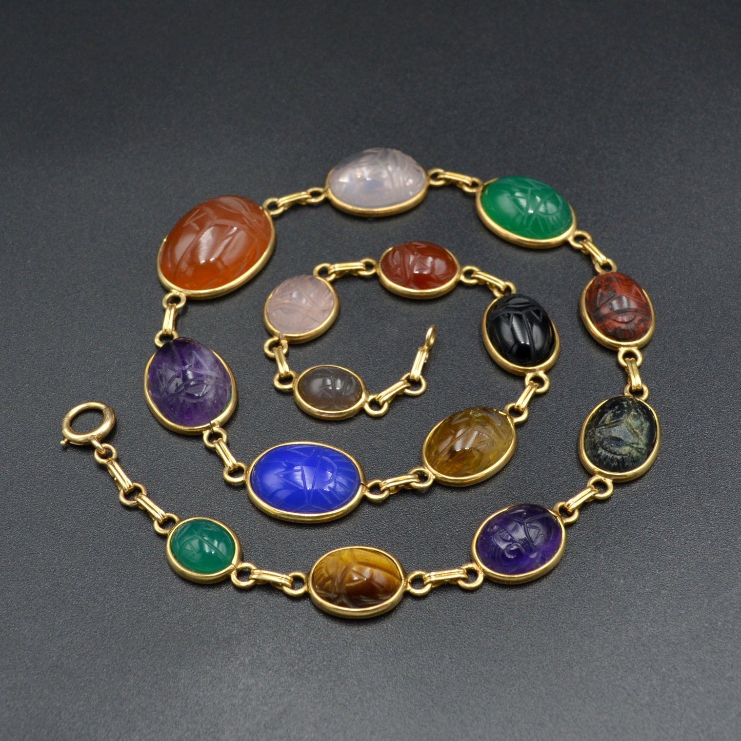 Vintage Graduated Egyptian Revival Gemstone Scarab and 14k Gold Necklace