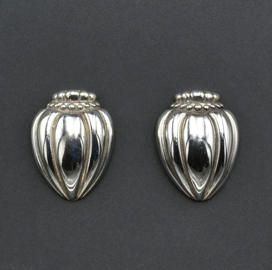 Vintage Silver Ribbed Crowned Heart Post Earrings