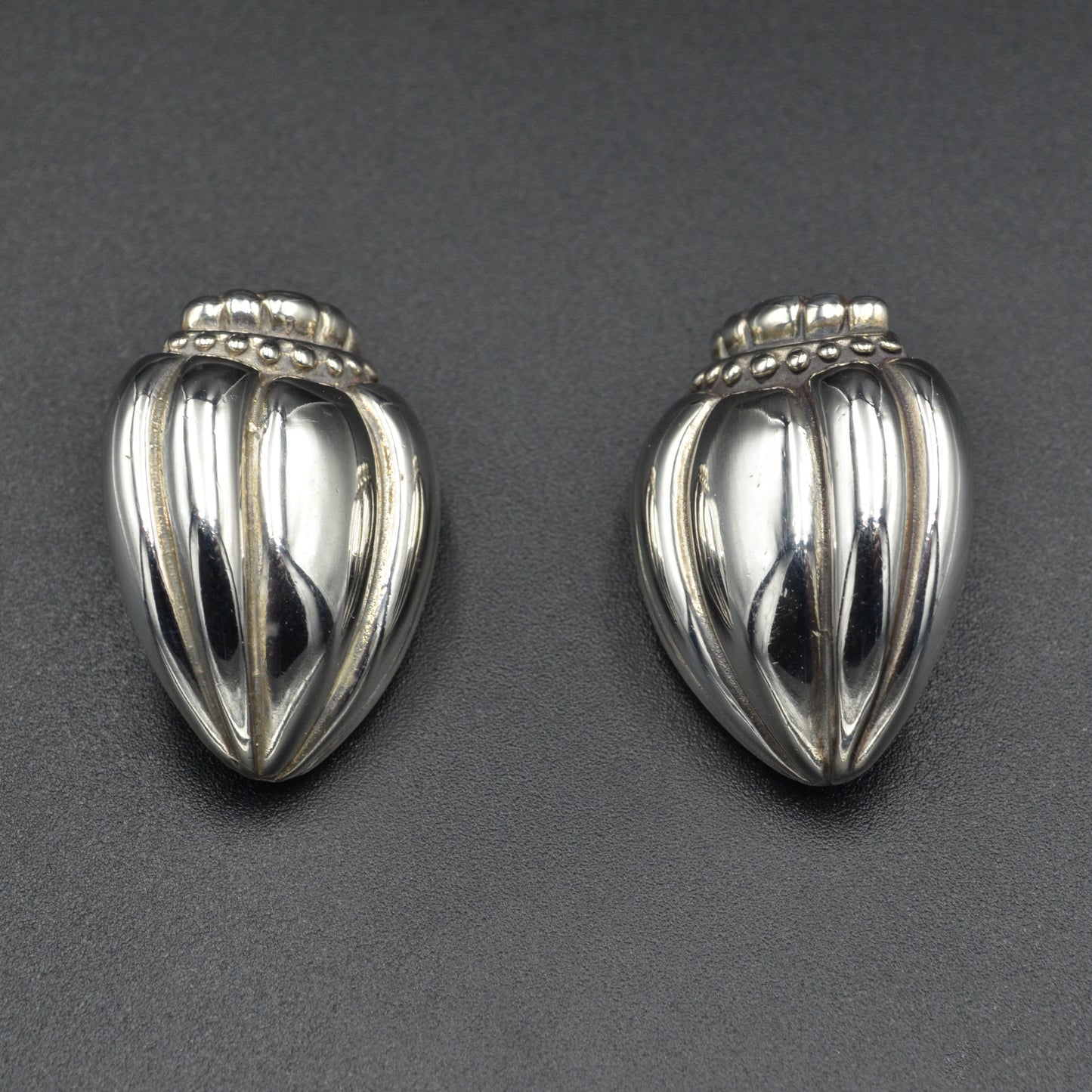 Vintage Silver Ribbed Crowned Heart Post Earrings