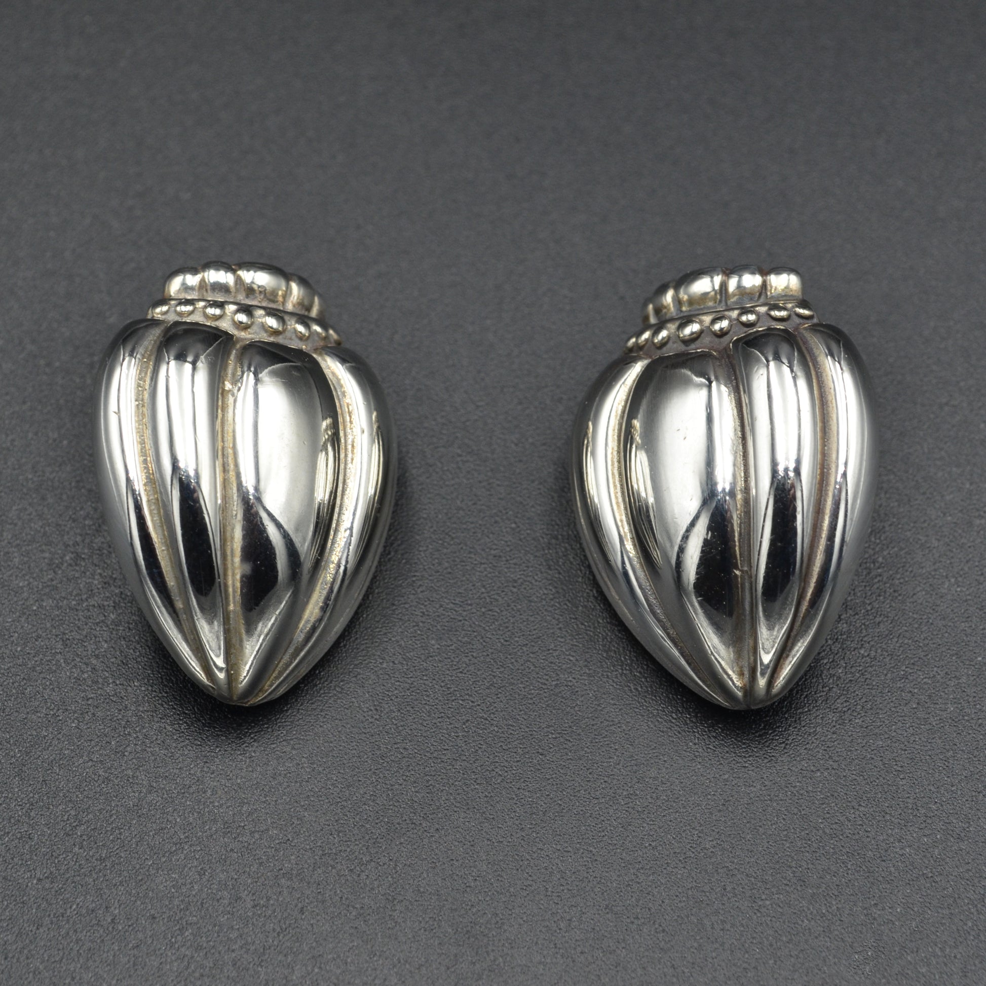 Vintage Silver Ribbed Crowned Heart Post Earrings
