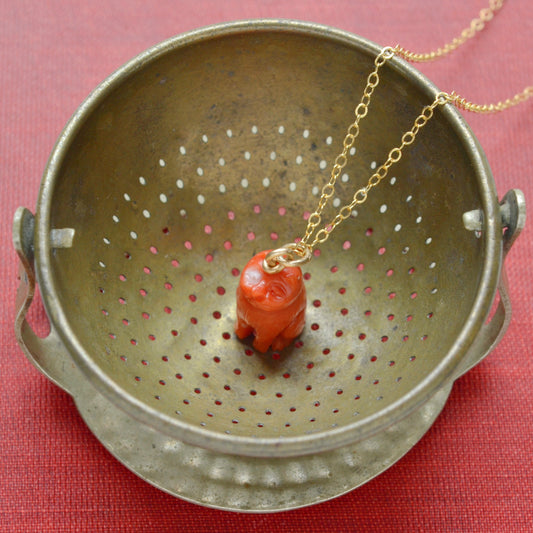 Antique Carved Coral Cat Pendant Necklace