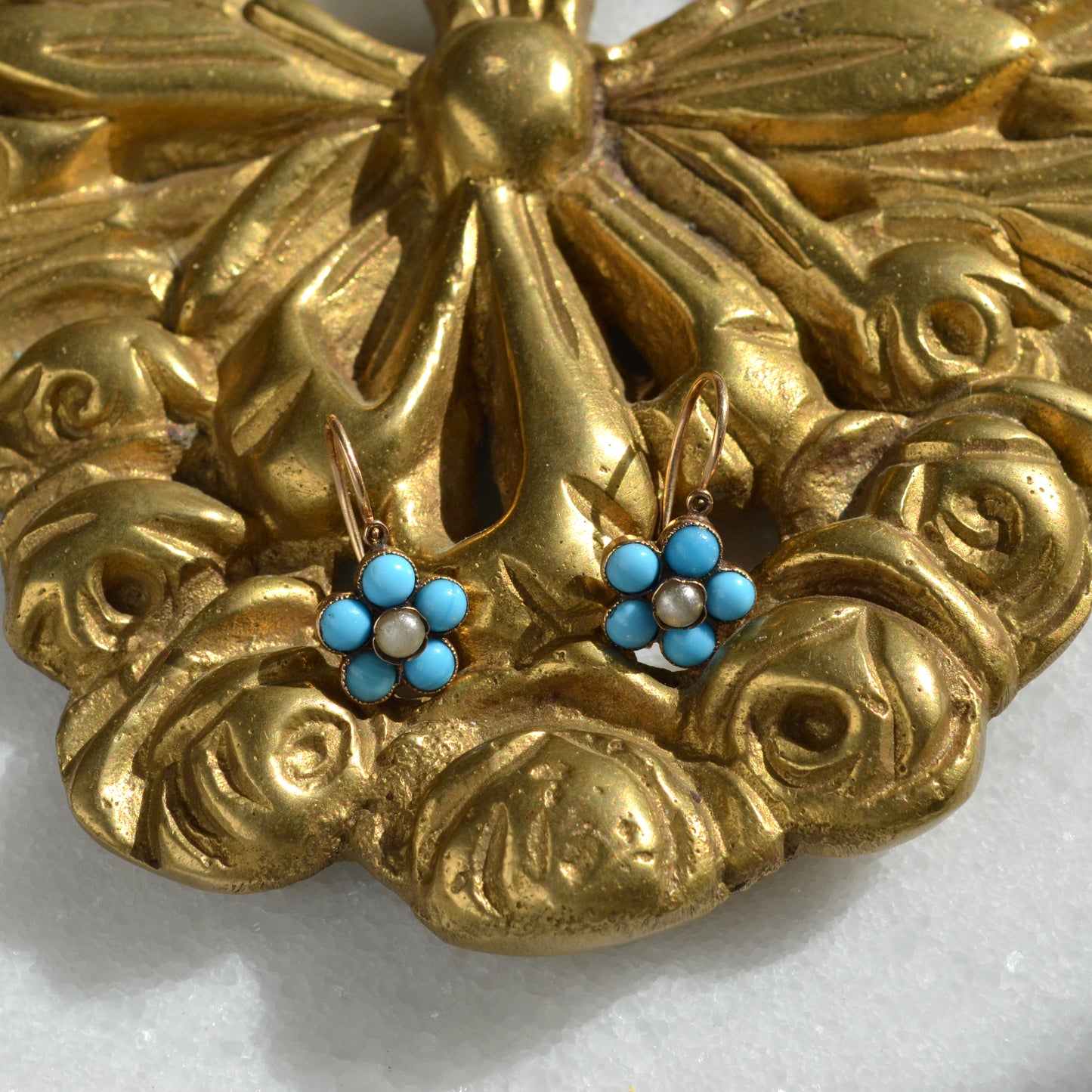 Antique Turquoise Glass, Pearl and 14k Gold Dormeuse Flower Earrings
