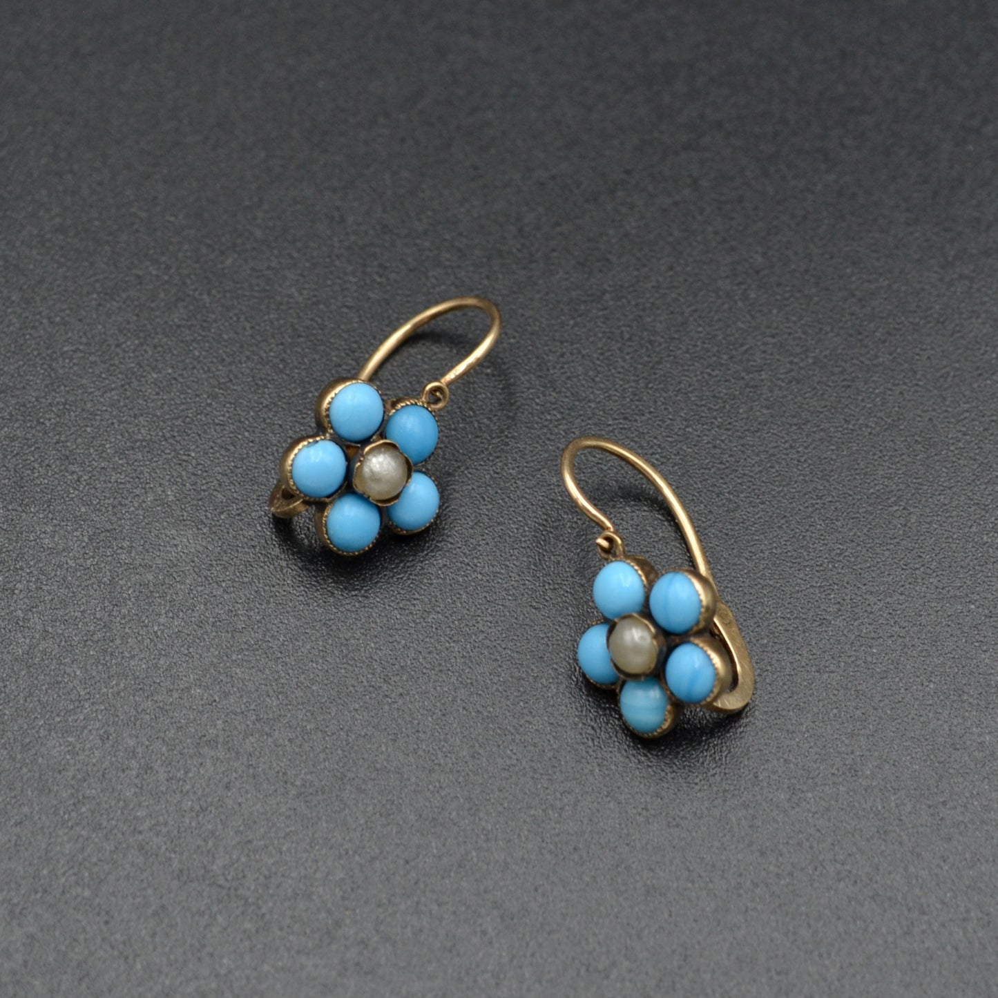 Antique Turquoise Glass, Pearl and 14k Gold Dormeuse Flower Earrings