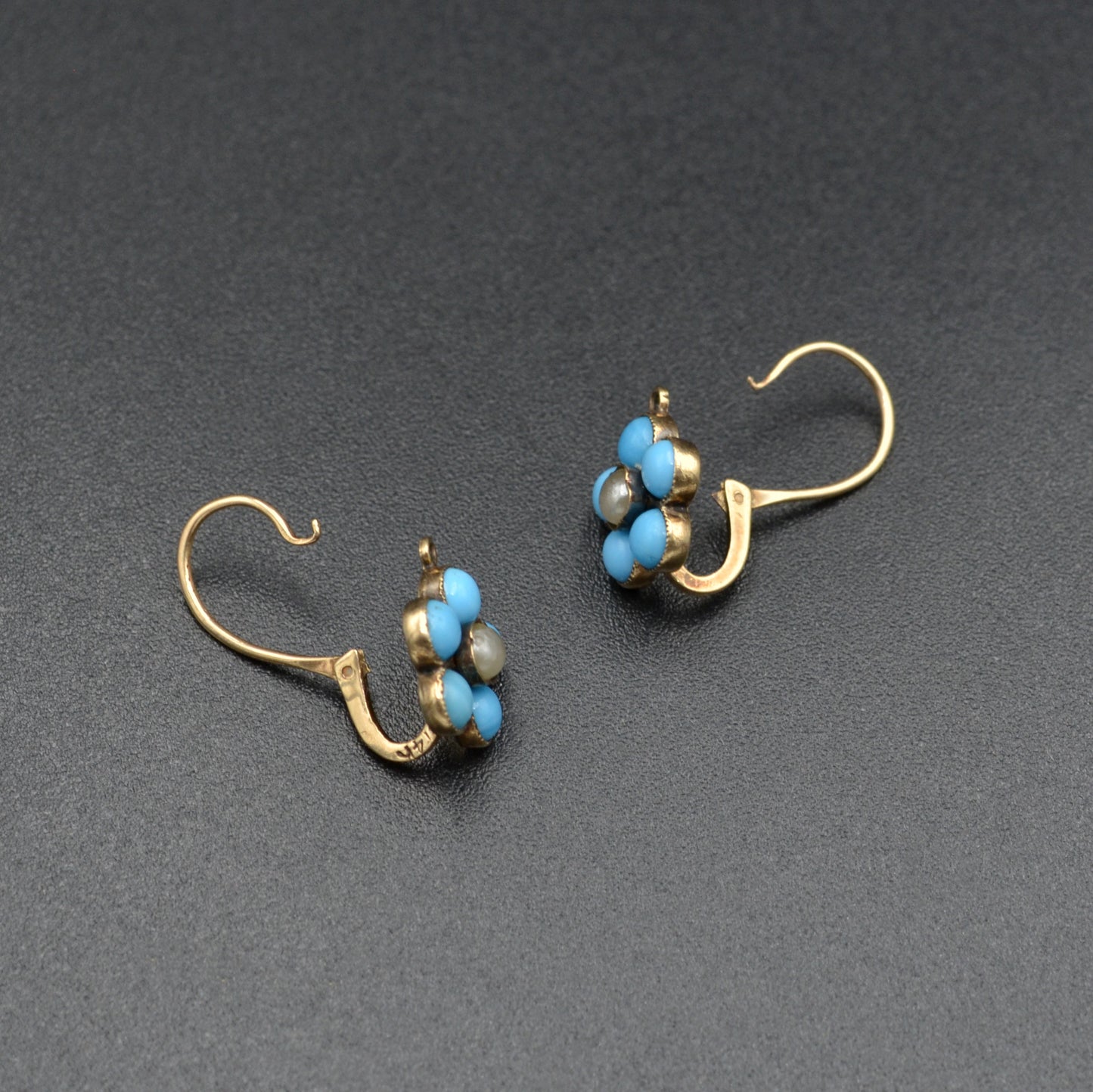 Antique Turquoise Glass, Pearl and 14k Gold Dormeuse Flower Earrings