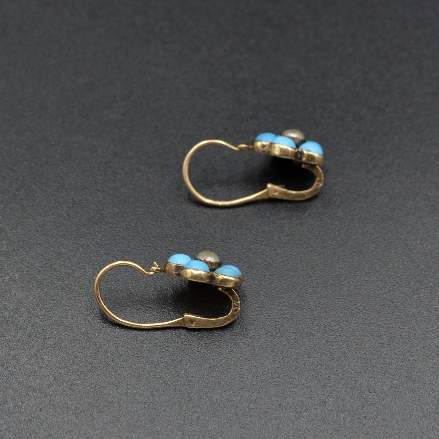 Antique Turquoise Glass, Pearl and 14k Gold Dormeuse Flower Earrings