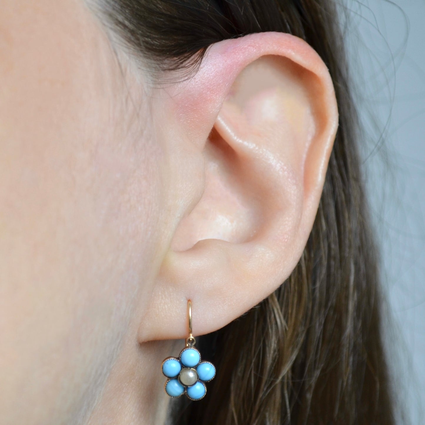Antique Turquoise Glass, Pearl and 14k Gold Dormeuse Flower Earrings