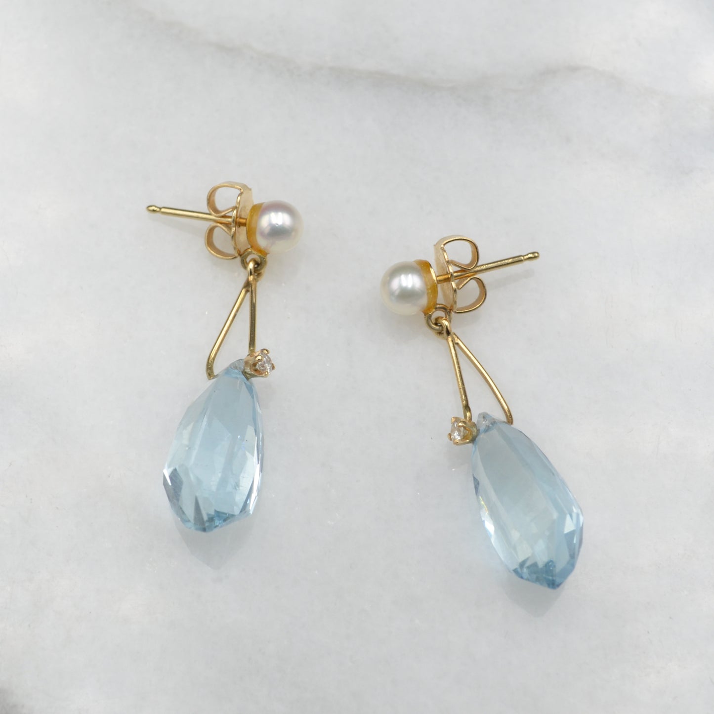 Aquamarine, Diamond, Pearl and Gold Earrings
