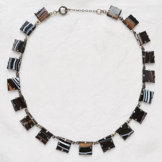 Vintage Art Deco Era Banded Agate and Sterling Silver Rivière Necklace
