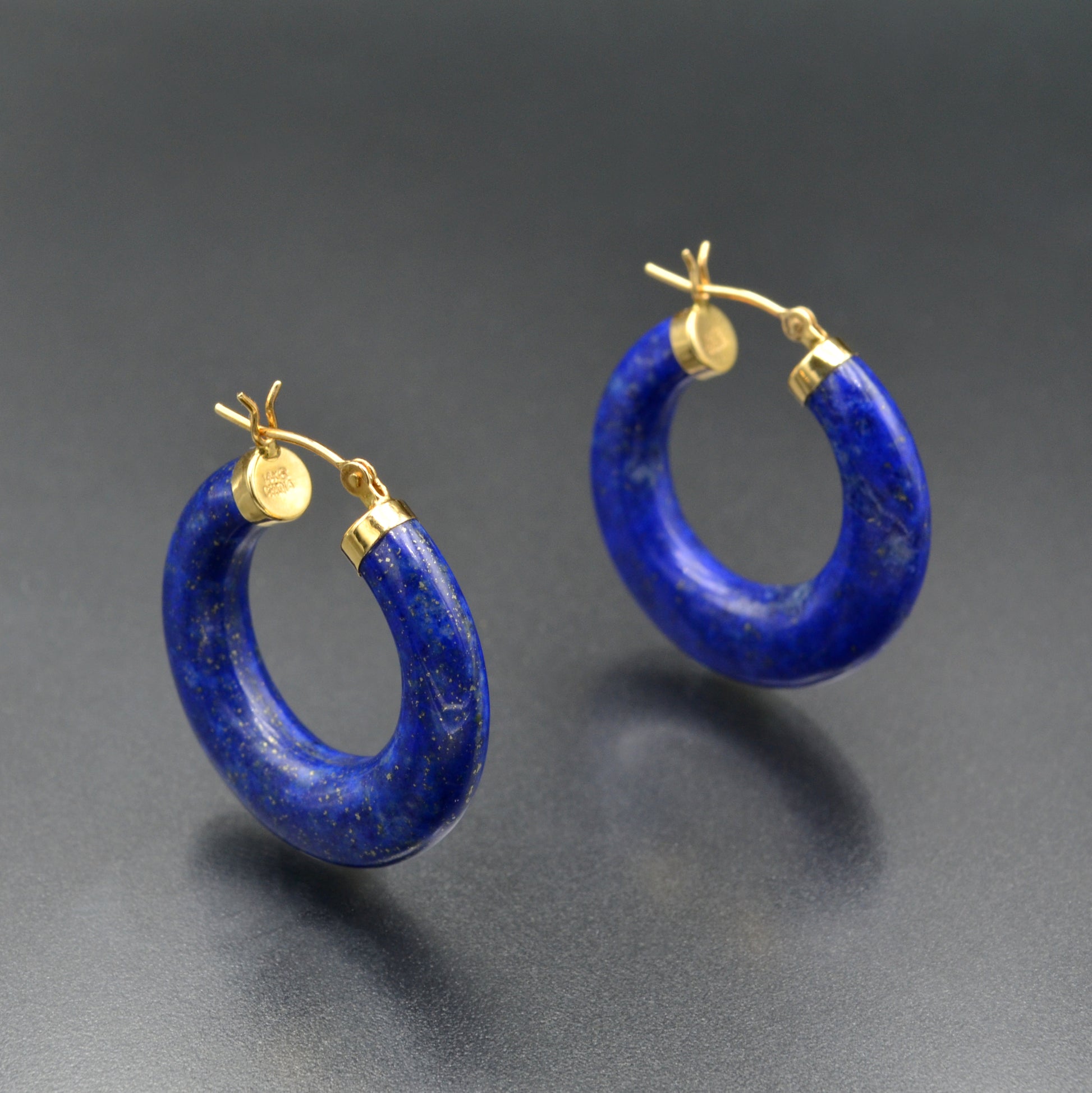 Chunky Lapis Lazuli and 14k Gold Carved Hoop Earrings