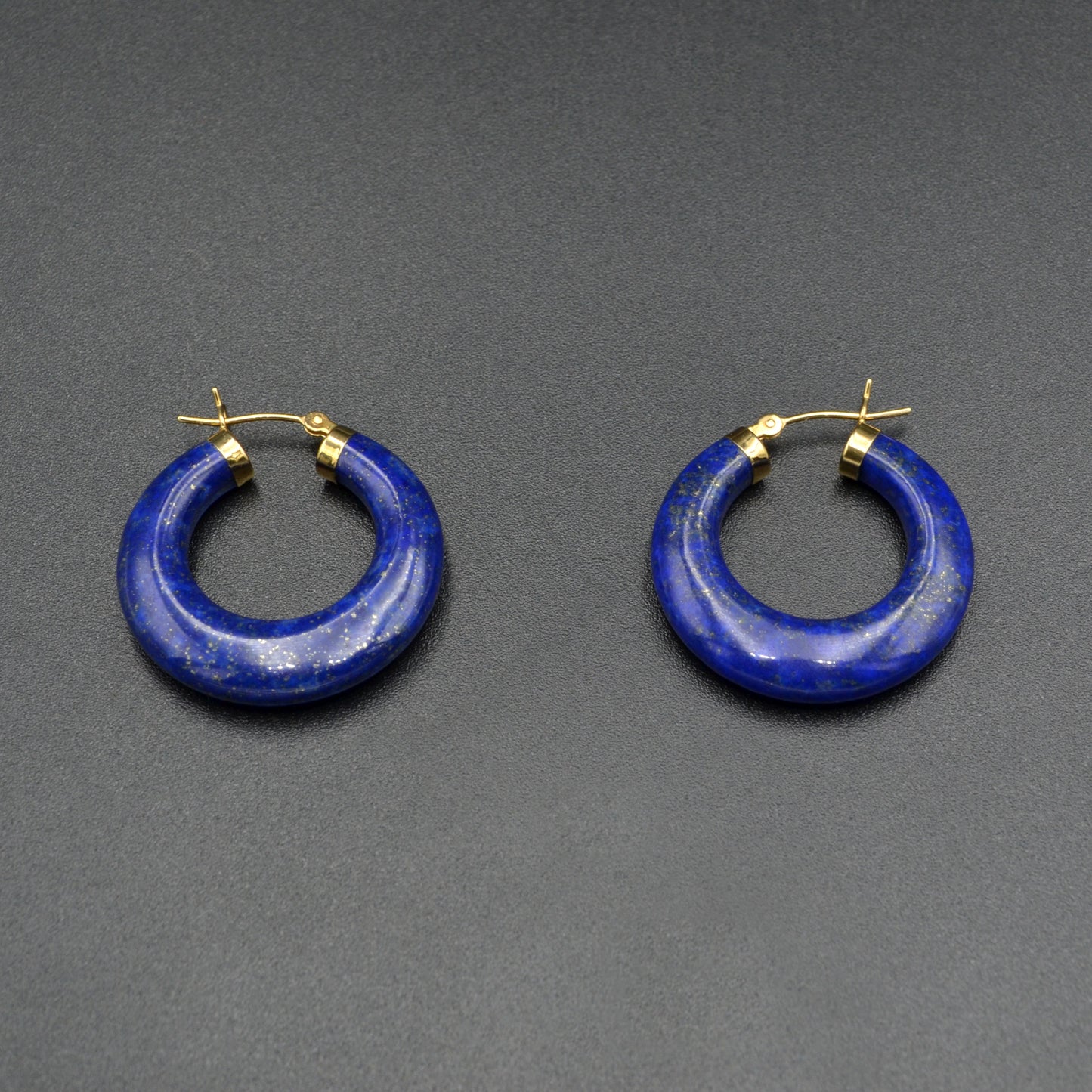 Chunky Lapis Lazuli and 14k Gold Carved Hoop Earrings