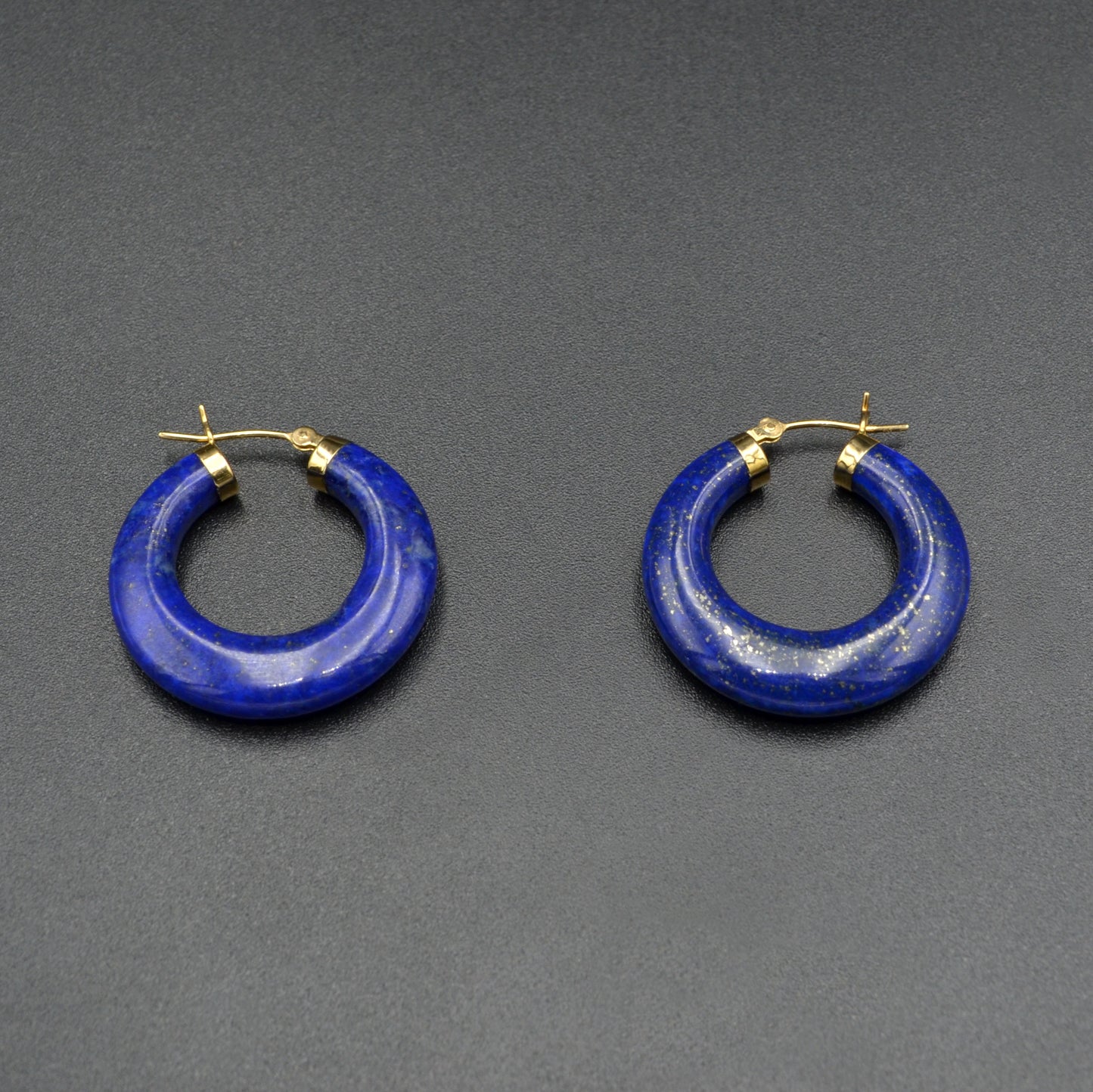 Chunky Lapis Lazuli and 14k Gold Carved Hoop Earrings