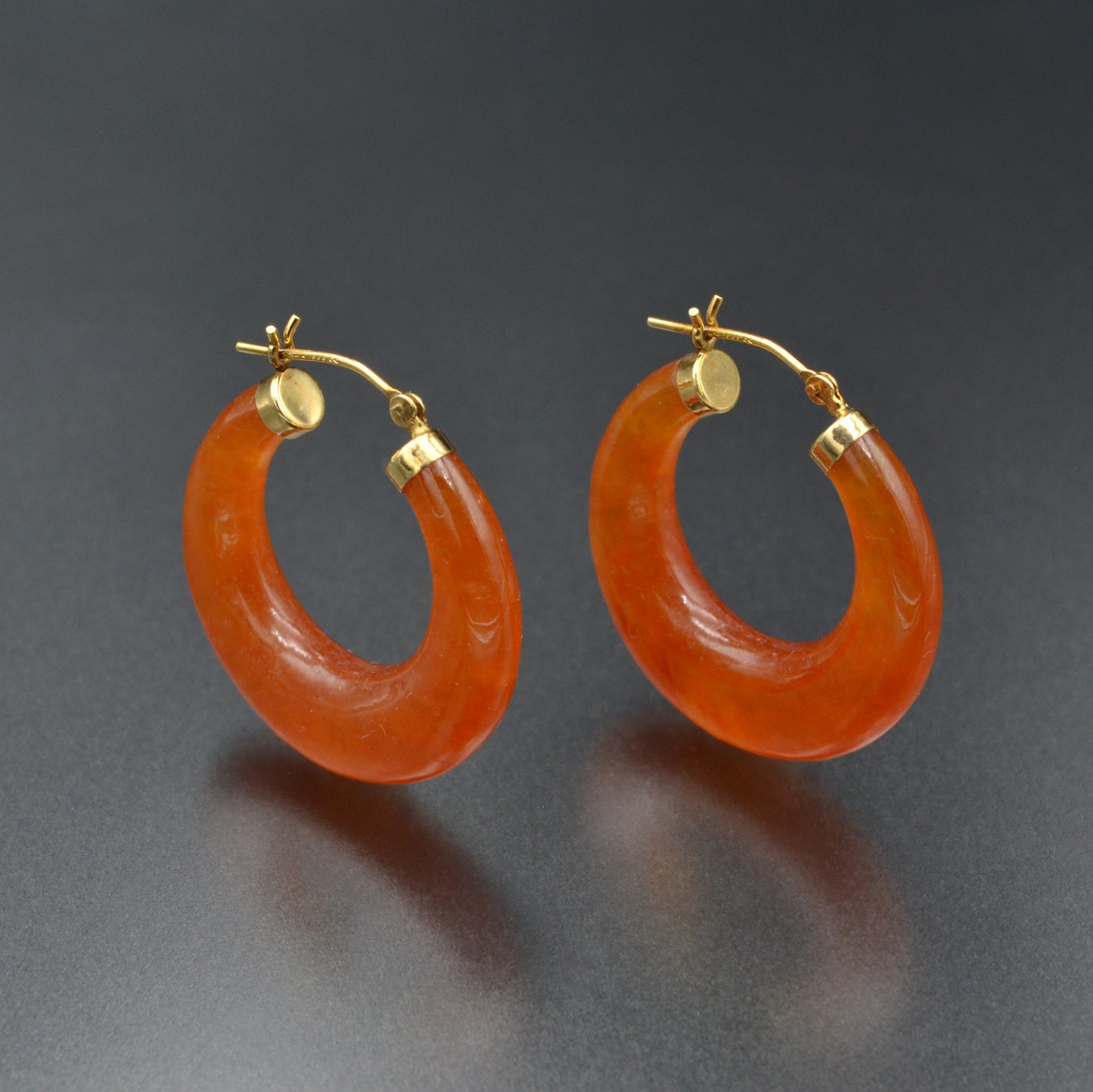 Vintage 14k Carved Orange Jade Hoop Earrings