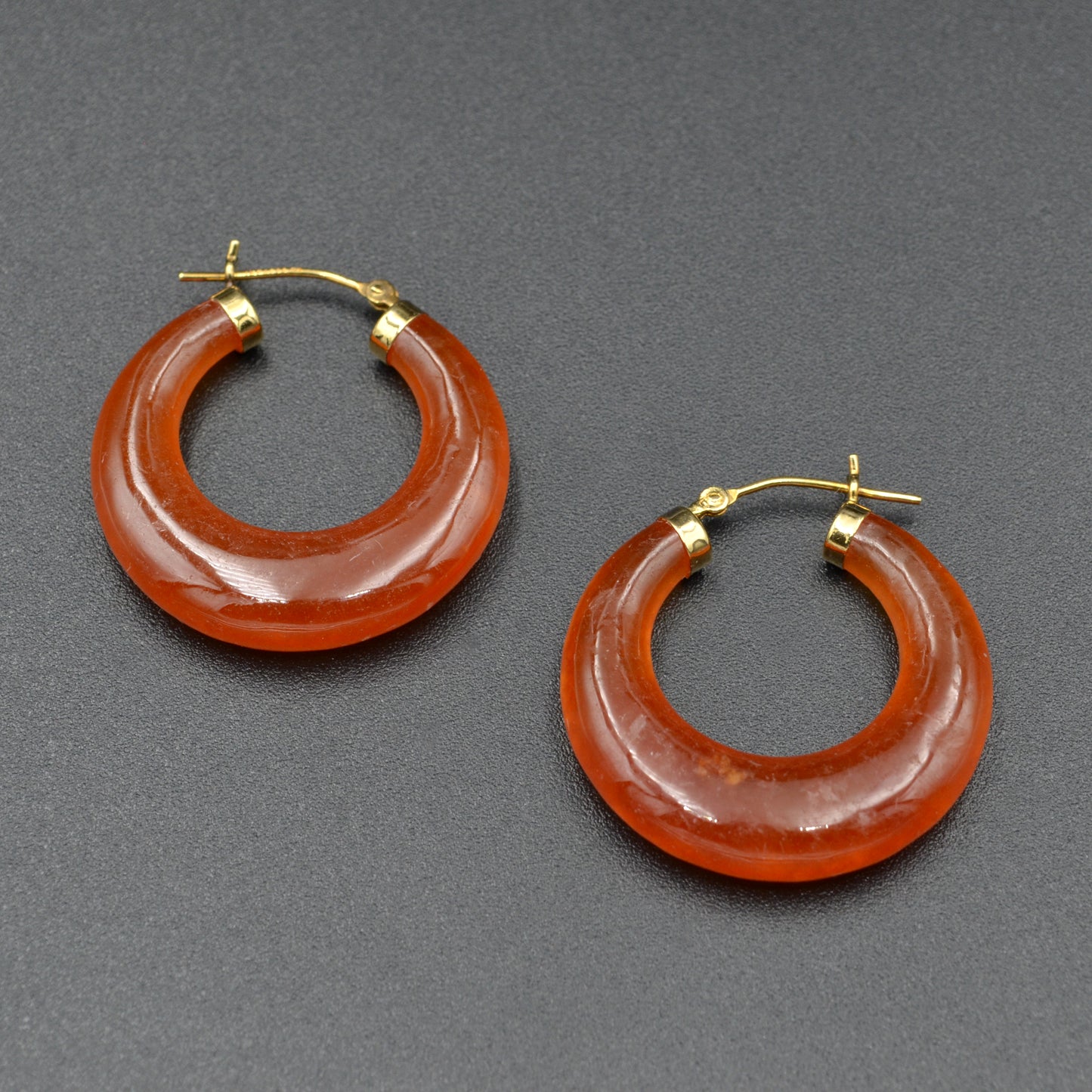 Vintage 14k Carved Orange Jade Hoop Earrings