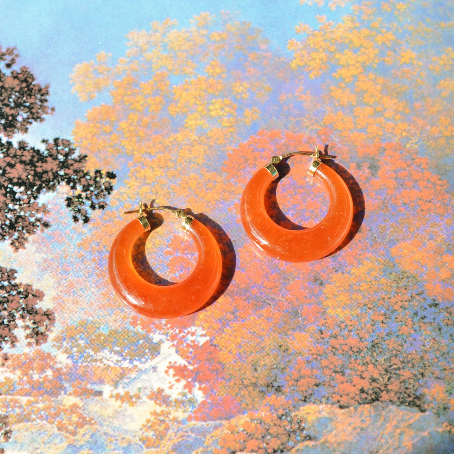 Vintage 14k Carved Orange Jade Hoop Earrings