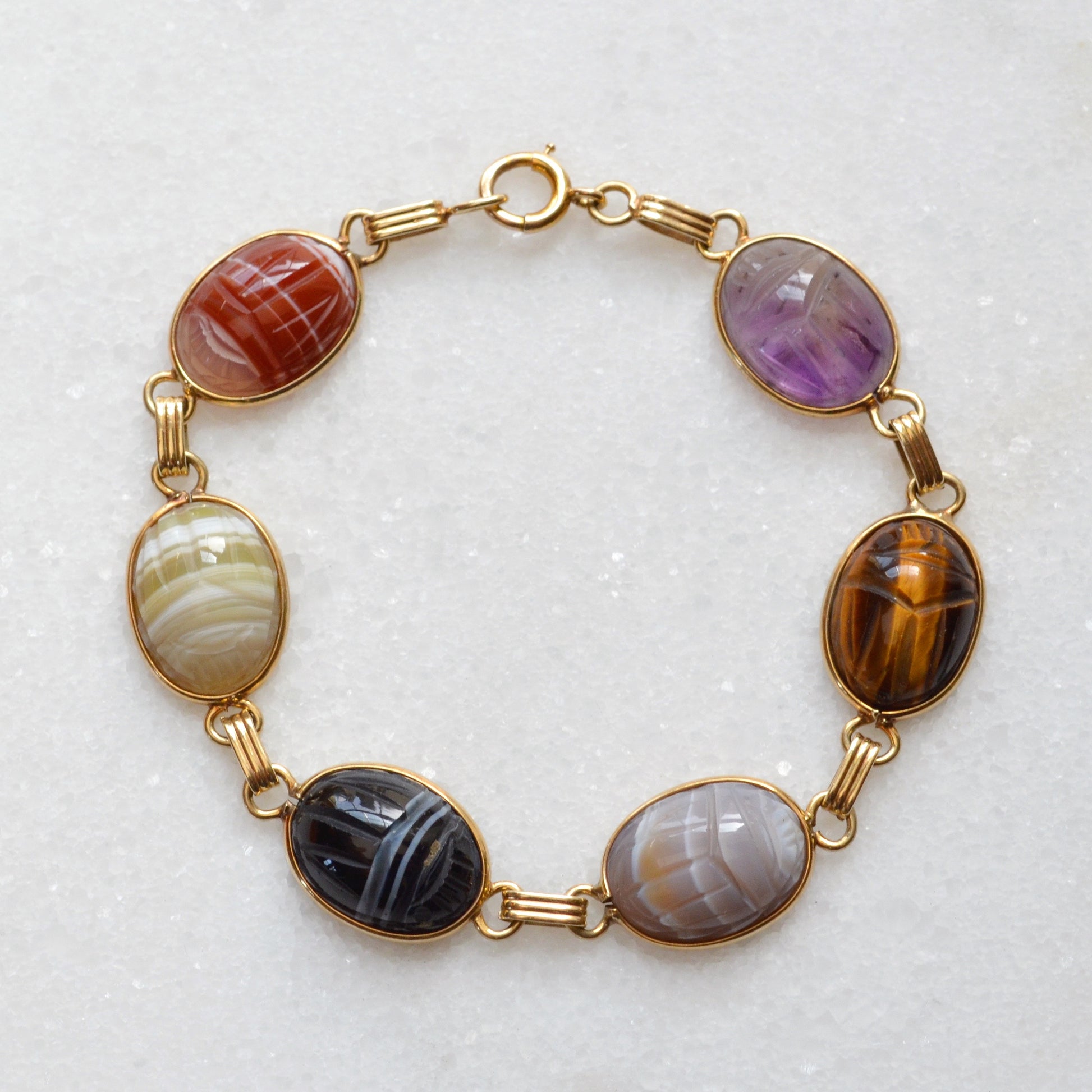 Vintage Egyptian Revival Gemstone and 14k Gold Scarab Bracelet