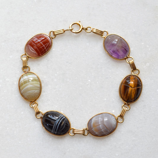 Vintage Egyptian Revival Gemstone and 14k Gold Scarab Bracelet