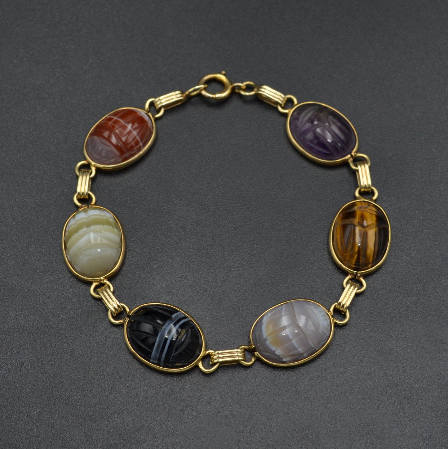 Vintage Egyptian Revival Gemstone and 14k Gold Scarab Bracelet