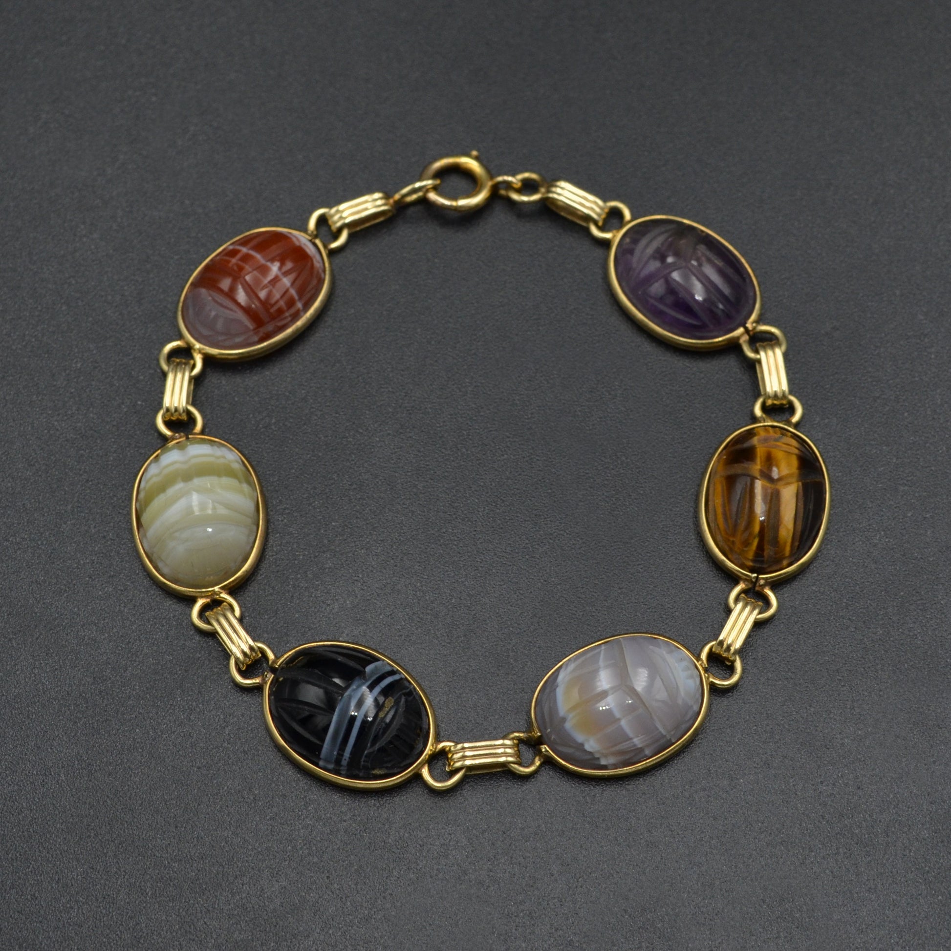 Vintage Egyptian Revival Gemstone and 14k Gold Scarab Bracelet