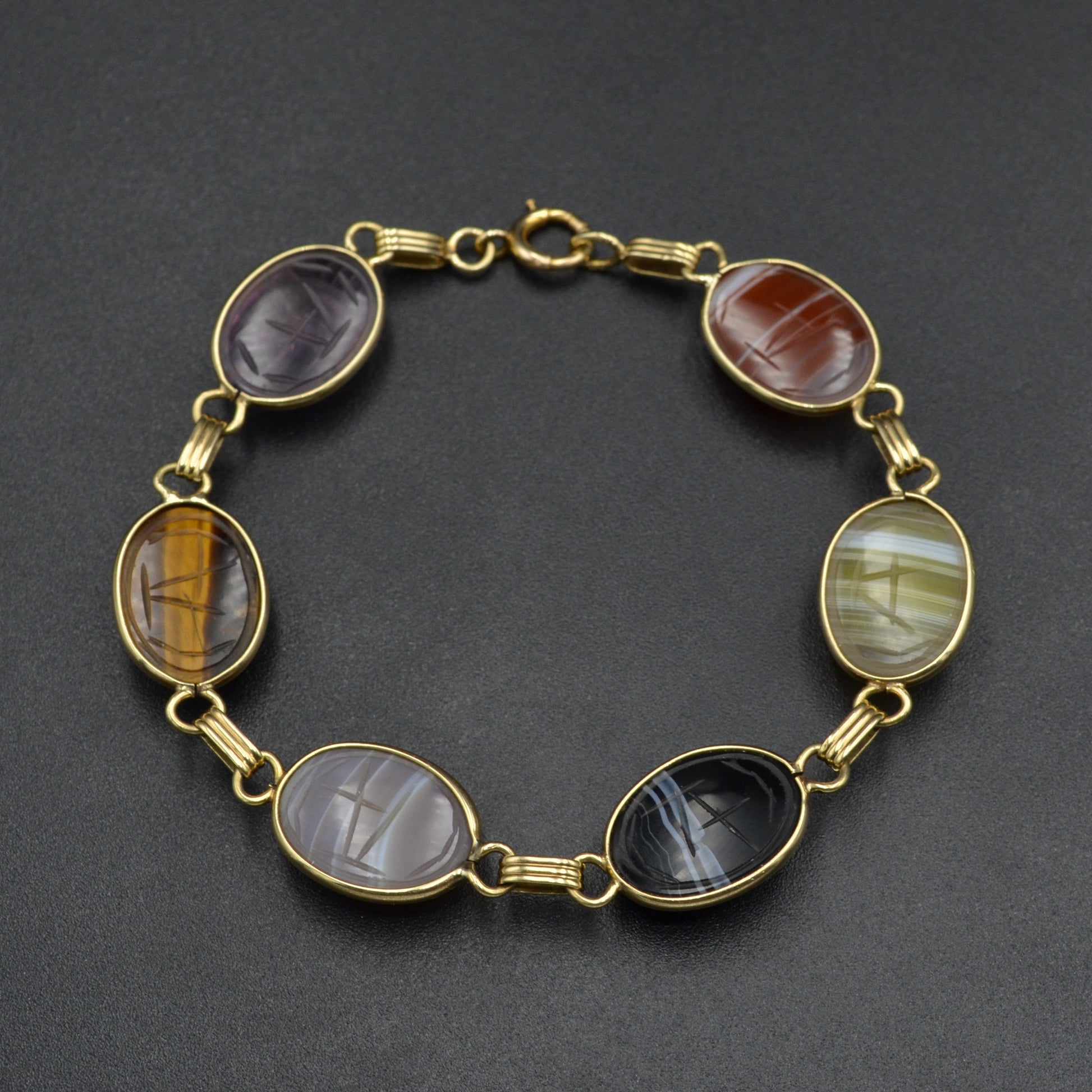 Vintage Egyptian Revival Gemstone and 14k Gold Scarab Bracelet