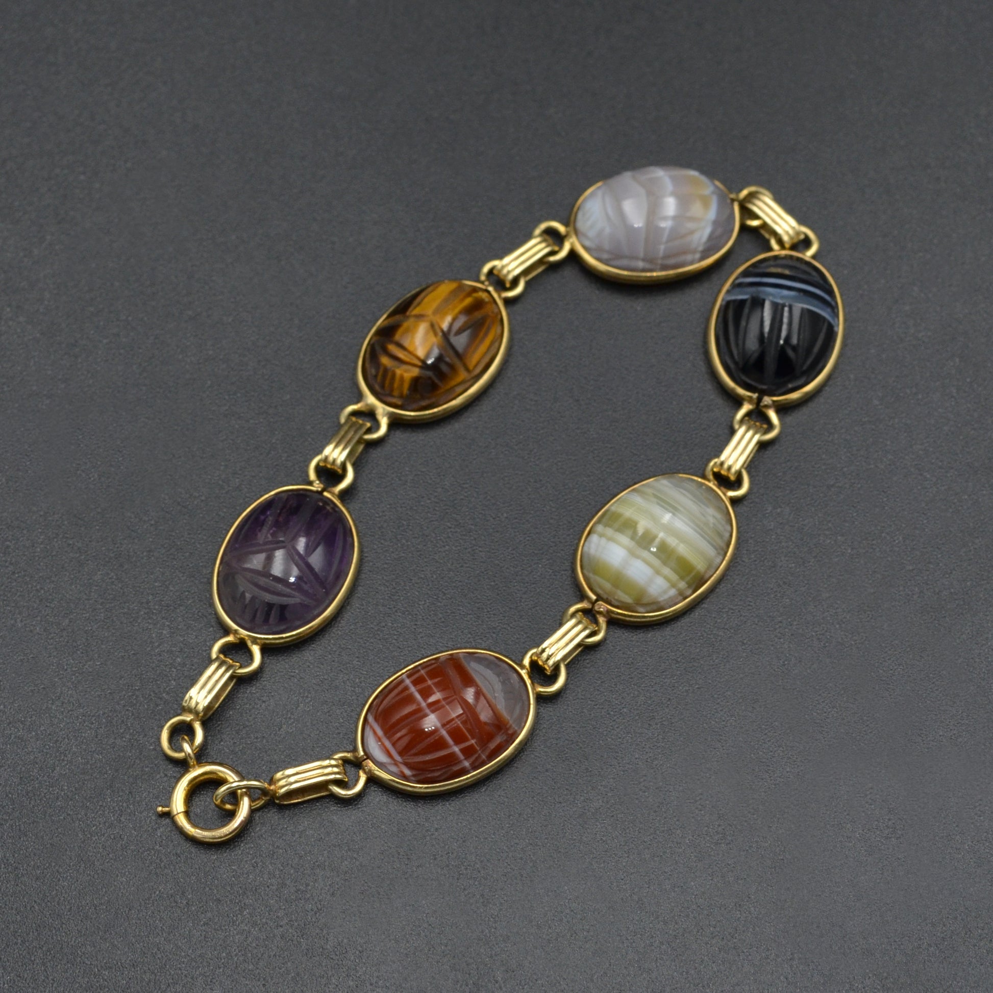 Vintage Egyptian Revival Gemstone and 14k Gold Scarab Bracelet