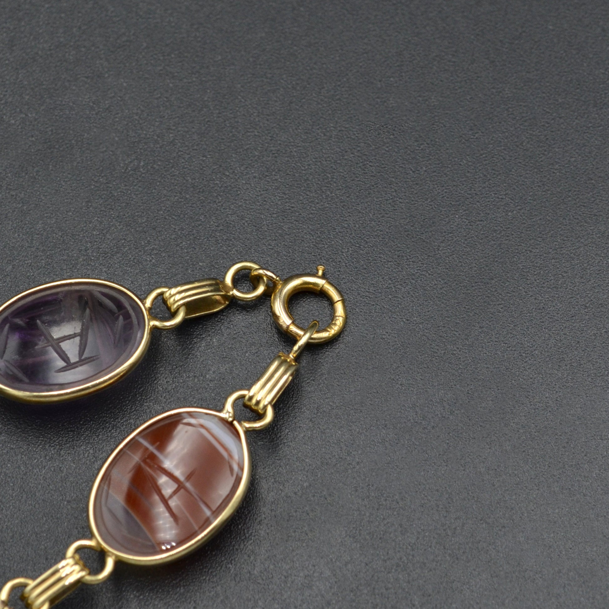 Vintage Egyptian Revival Gemstone and 14k Gold Scarab Bracelet