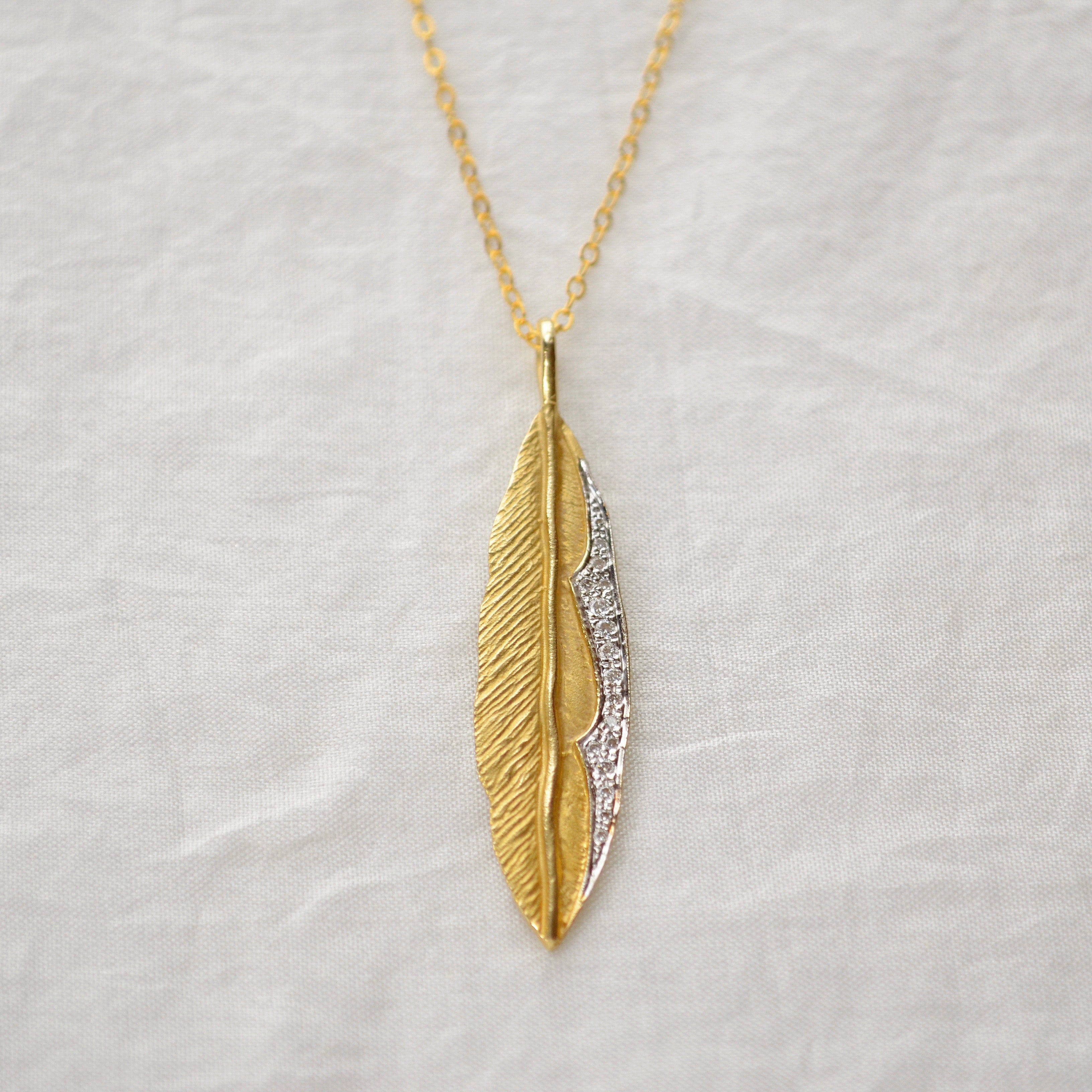 I. Reiss 14k Gold and Diamond Feather Pendant Necklace – Marika Gems