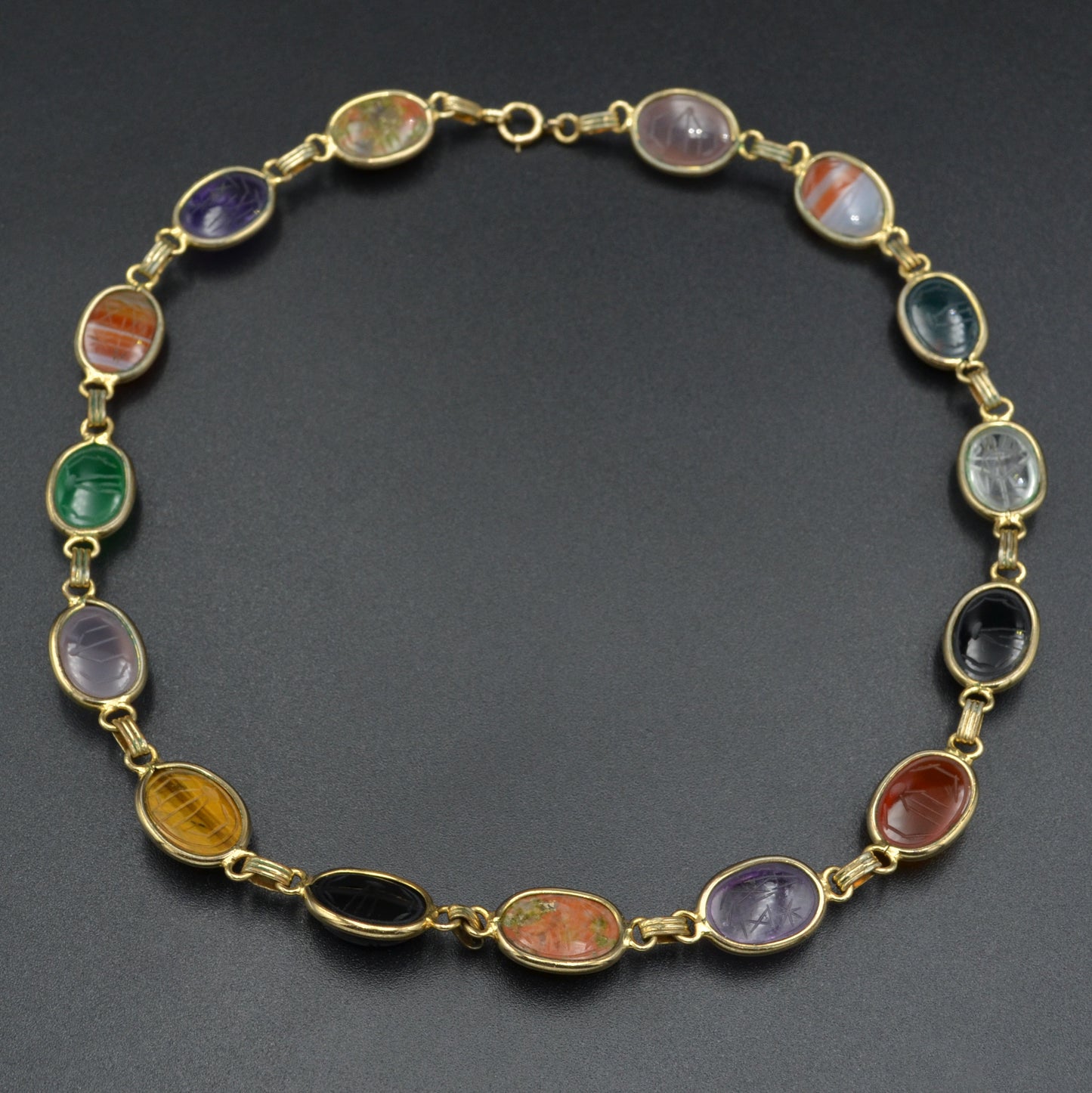 Vintage Egyptian Revival Gemstone Scarab and Gold-Filled Necklace