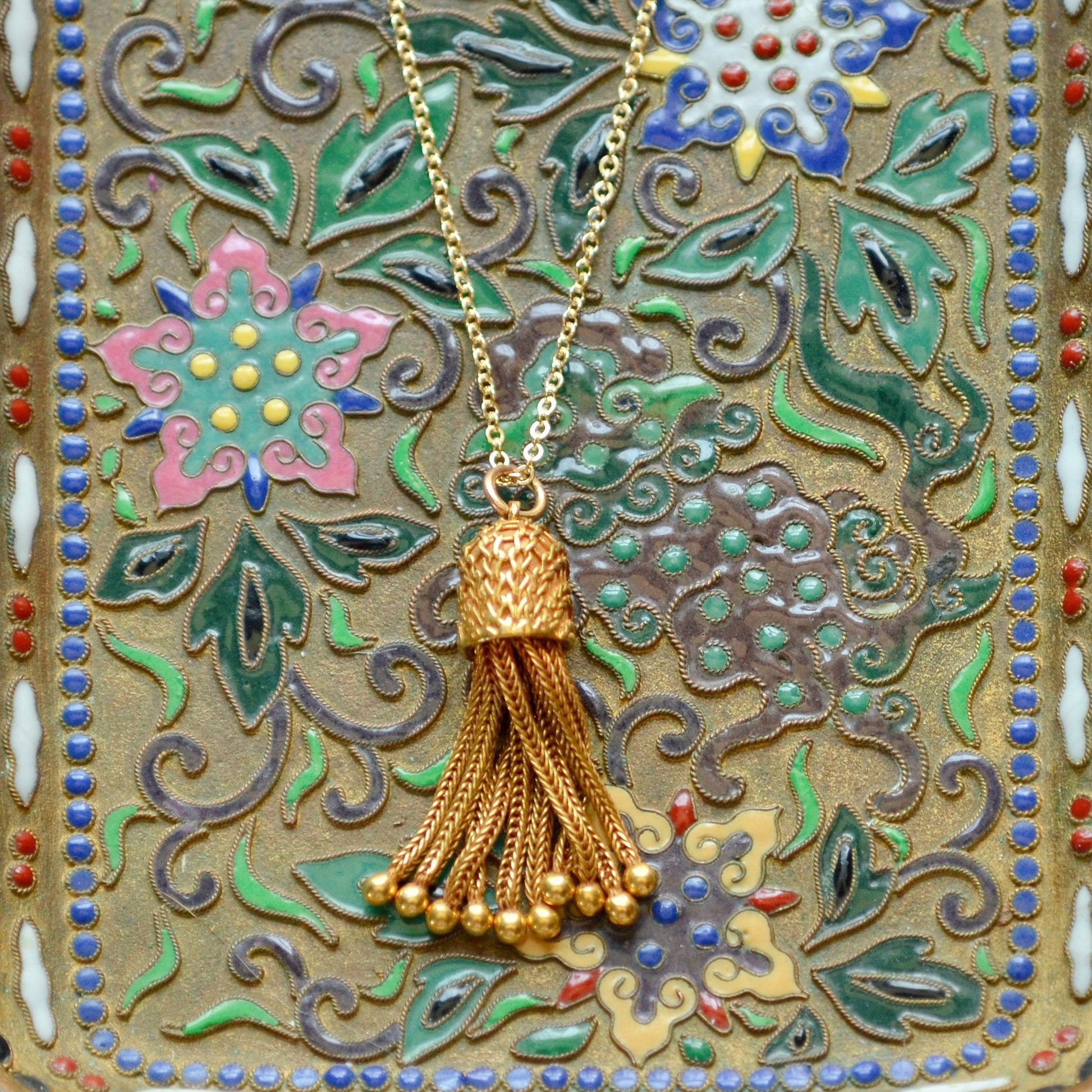 Antique 15k Gold Foxtail Chain Tassel Pendant Necklace