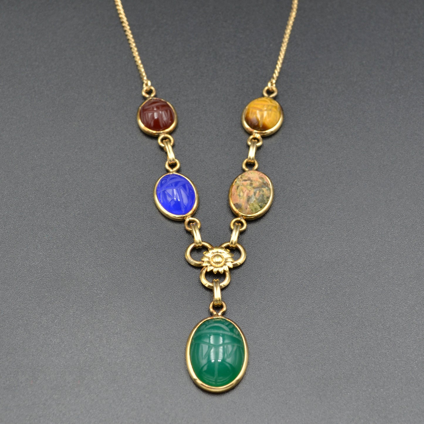Vintage Egyptian Revival Gemstone Scarab and Gold-filled Lariat Necklace