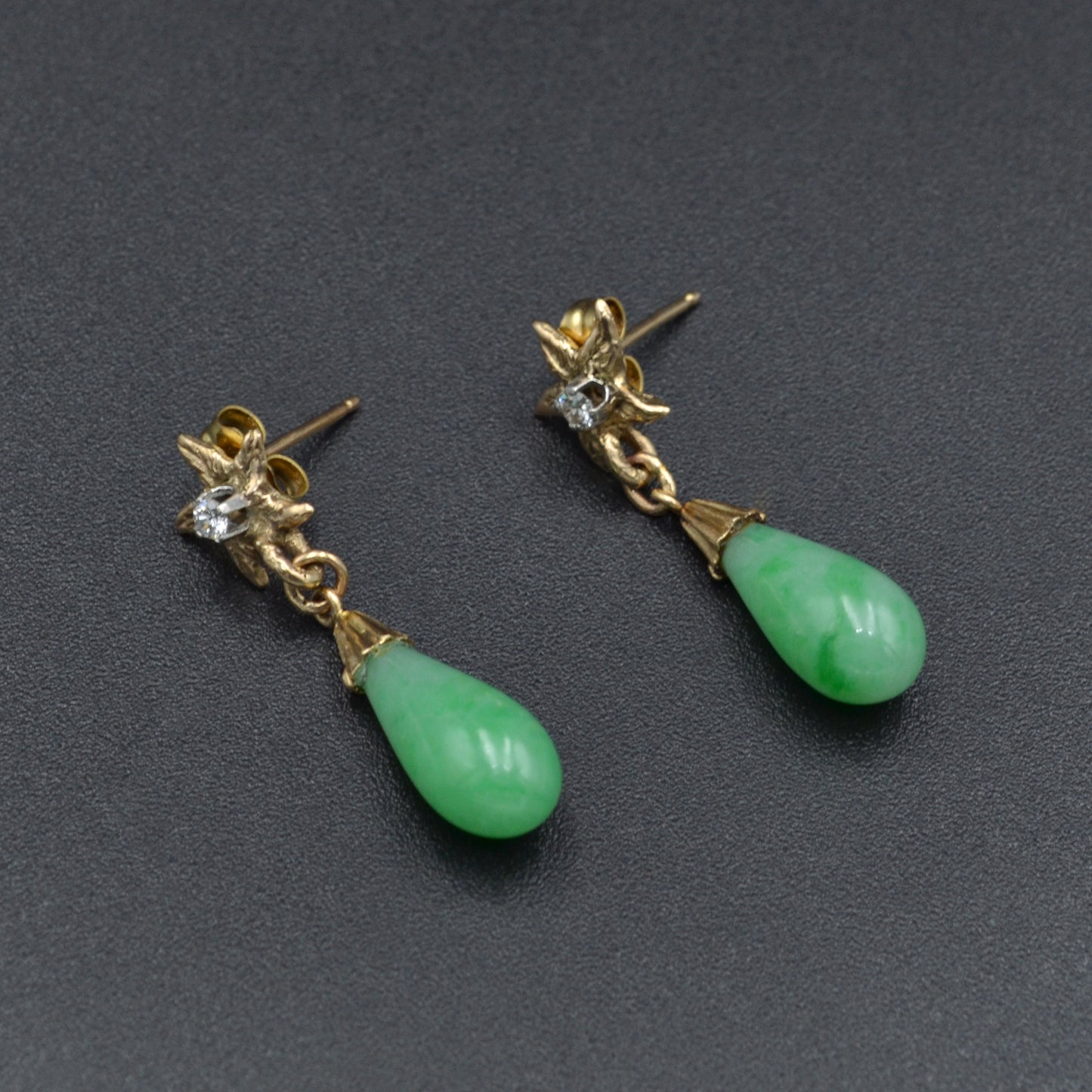 Vintage 14k Gold, Jadeite Jade and Diamond Teardrop Earrings