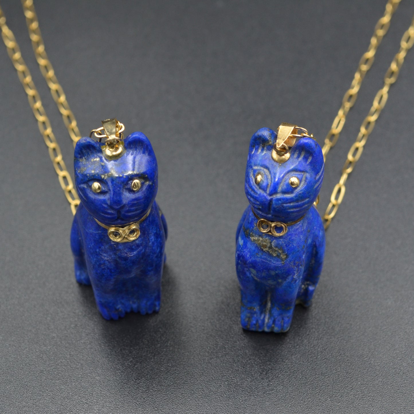 Vintage Lapis Lazuli and 14k Gold Cat Pendant Necklaces