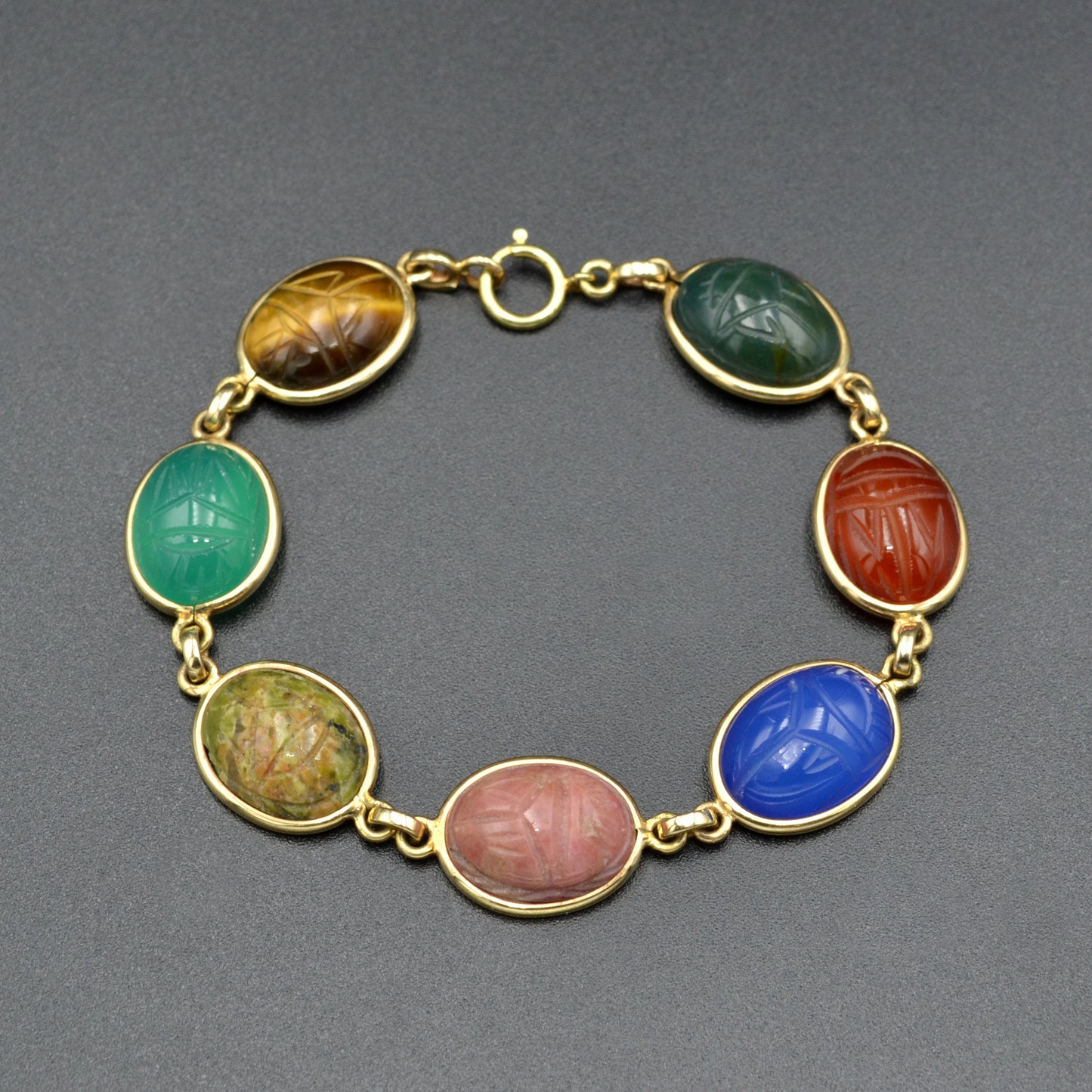 Vintage Egyptian Revival Gemstone Scarab and 14k Gold Bracelet