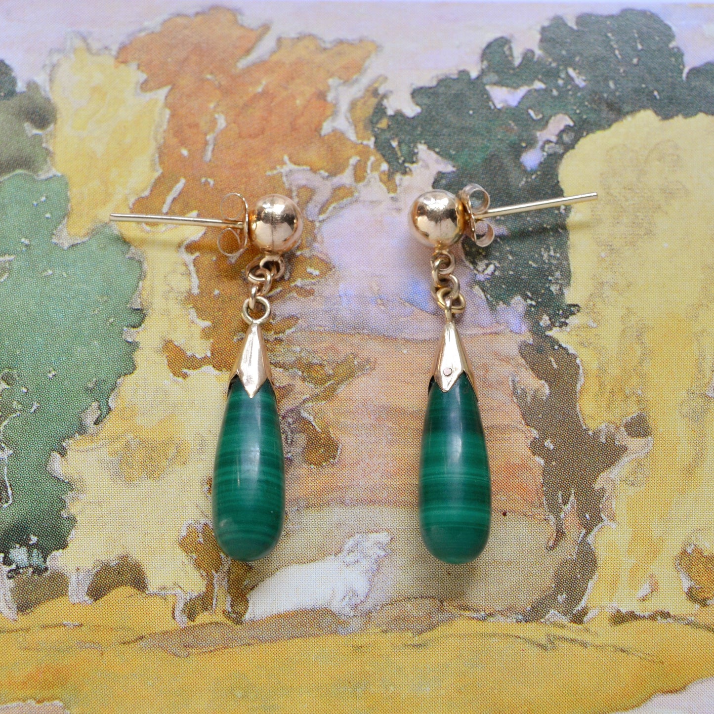 Vintage Malachite and 14k Gold Drop Earrings