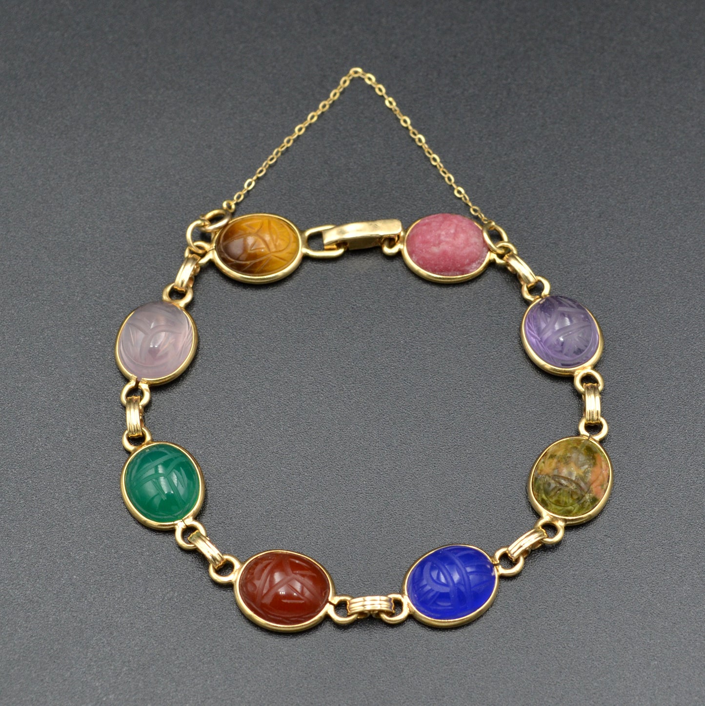 Vintage Egyptian Revival Gemstone Scarab and 14k Gold Bracelet