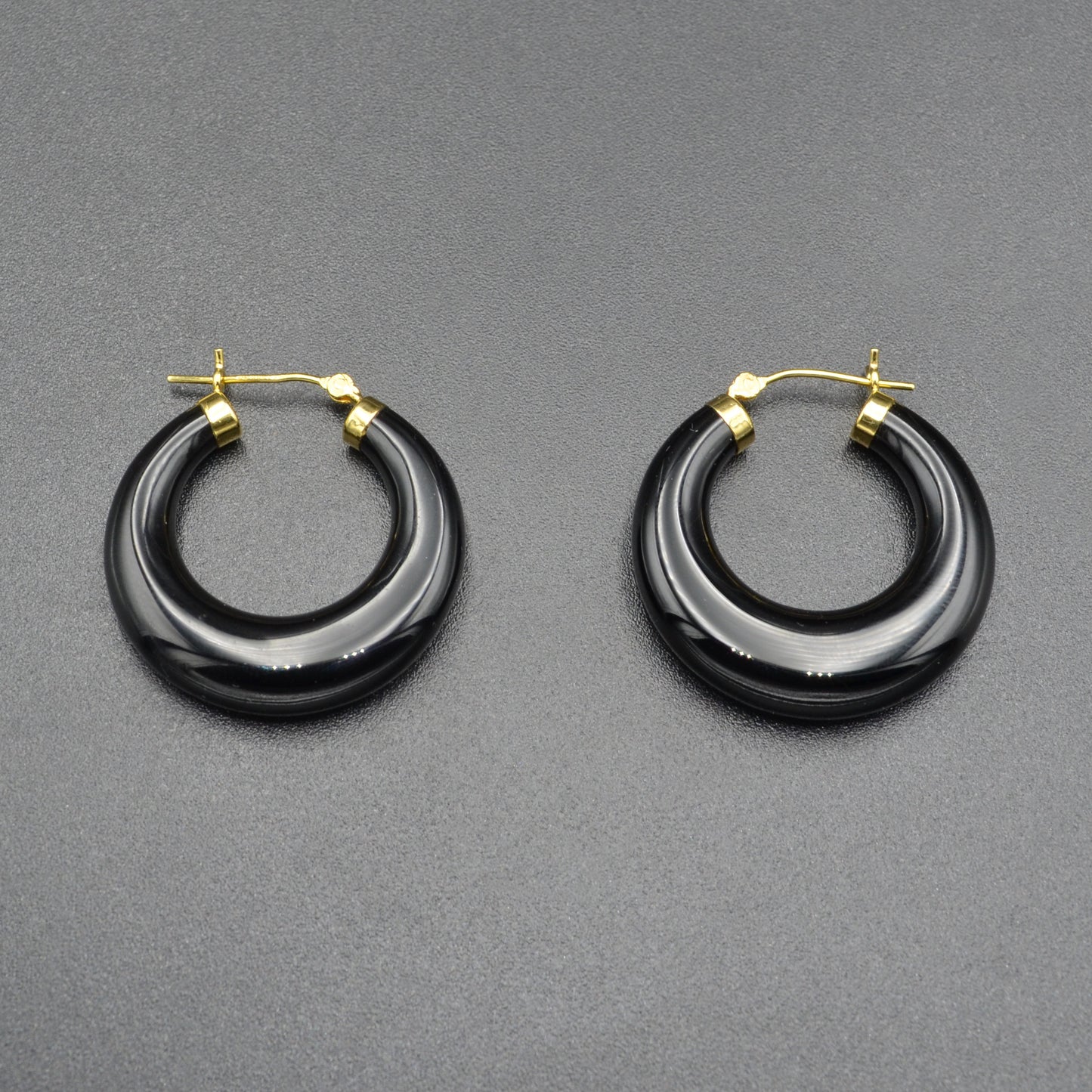 Vintage Chunky Black Onyx and 14k Gold Hoop Earrings