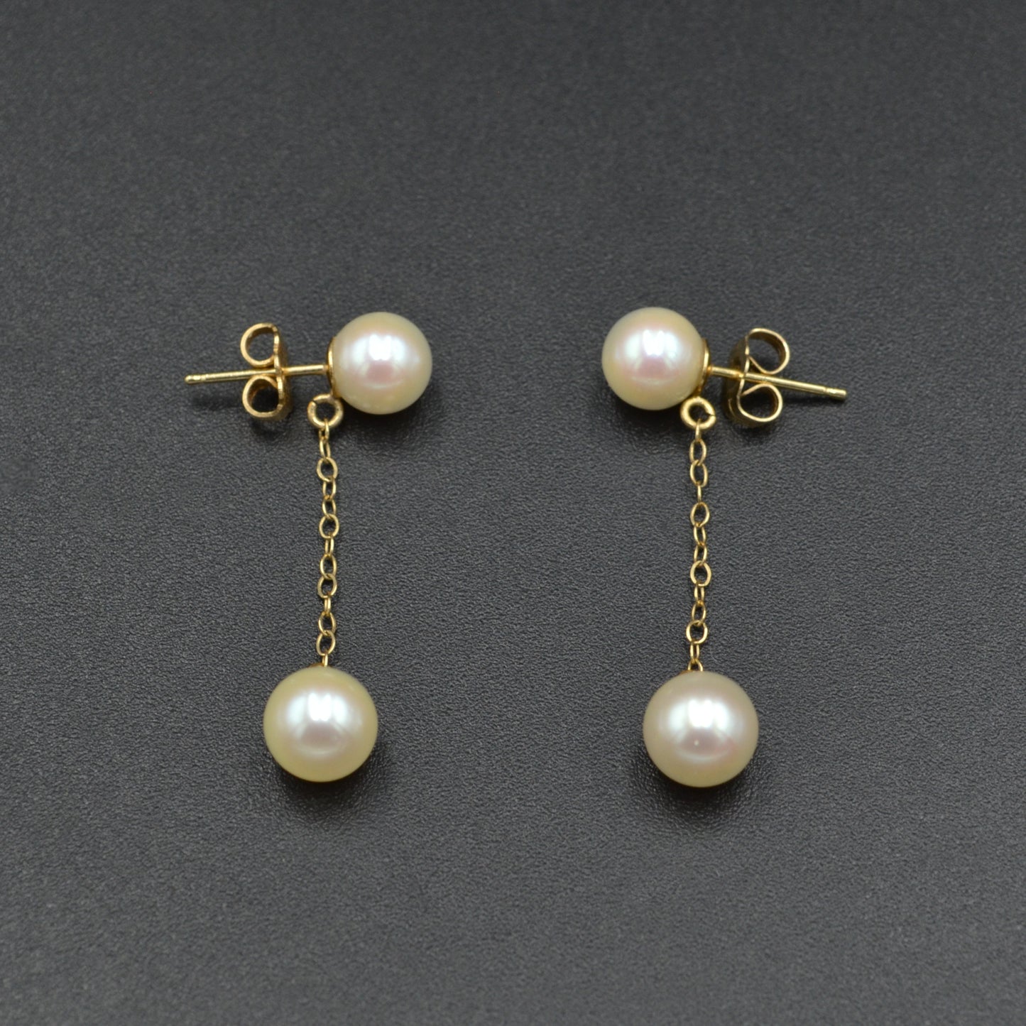 Double Pearl and Chain Dangle Drop Earrings in 14k Gold