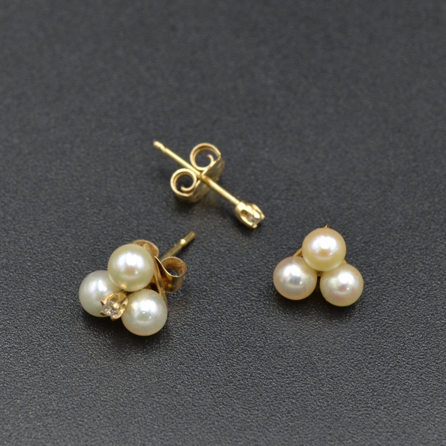 Vintage Diamond Pearl and 14k Gold Clover Earrings