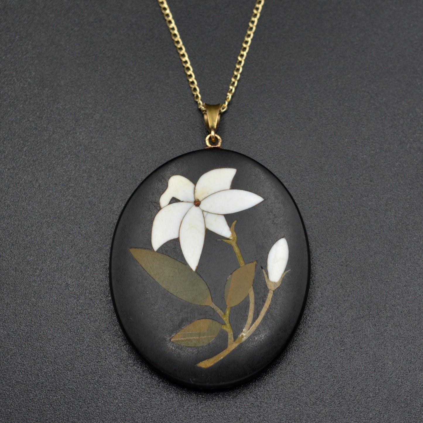 Antique Pietra Dura Lily and 9k Gold Necklace