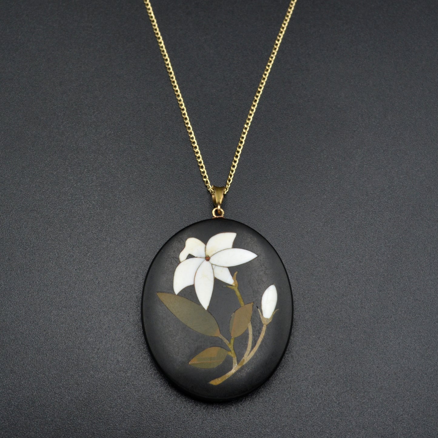 Antique Pietra Dura Lily and 9k Gold Necklace