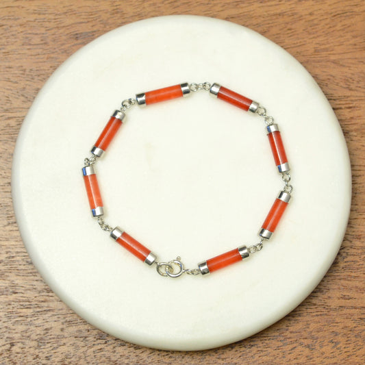 Vintage Red Jade and Sterling Silver Bracelet