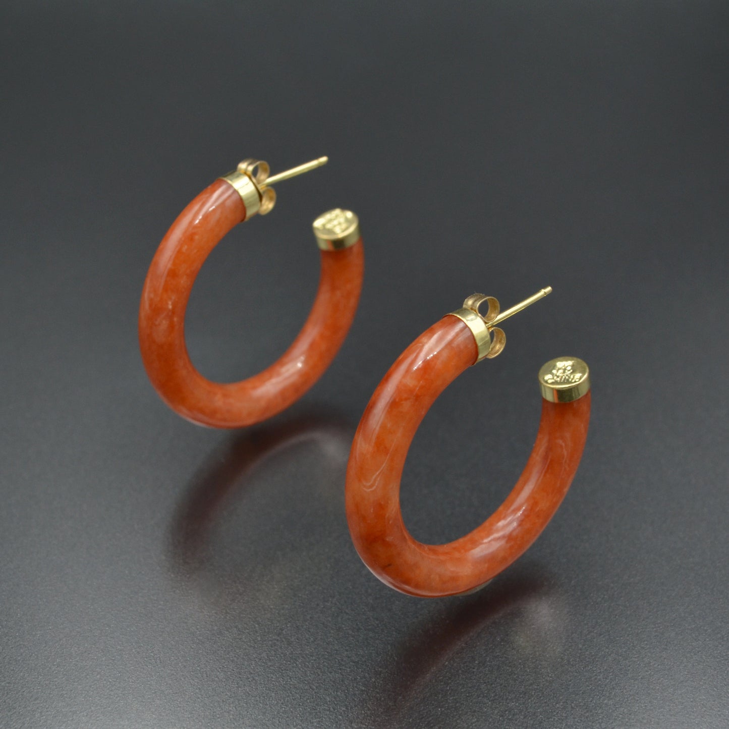 Vintage Minimalist Red Jadeite Jade and 14k Gold Hoop Earrings