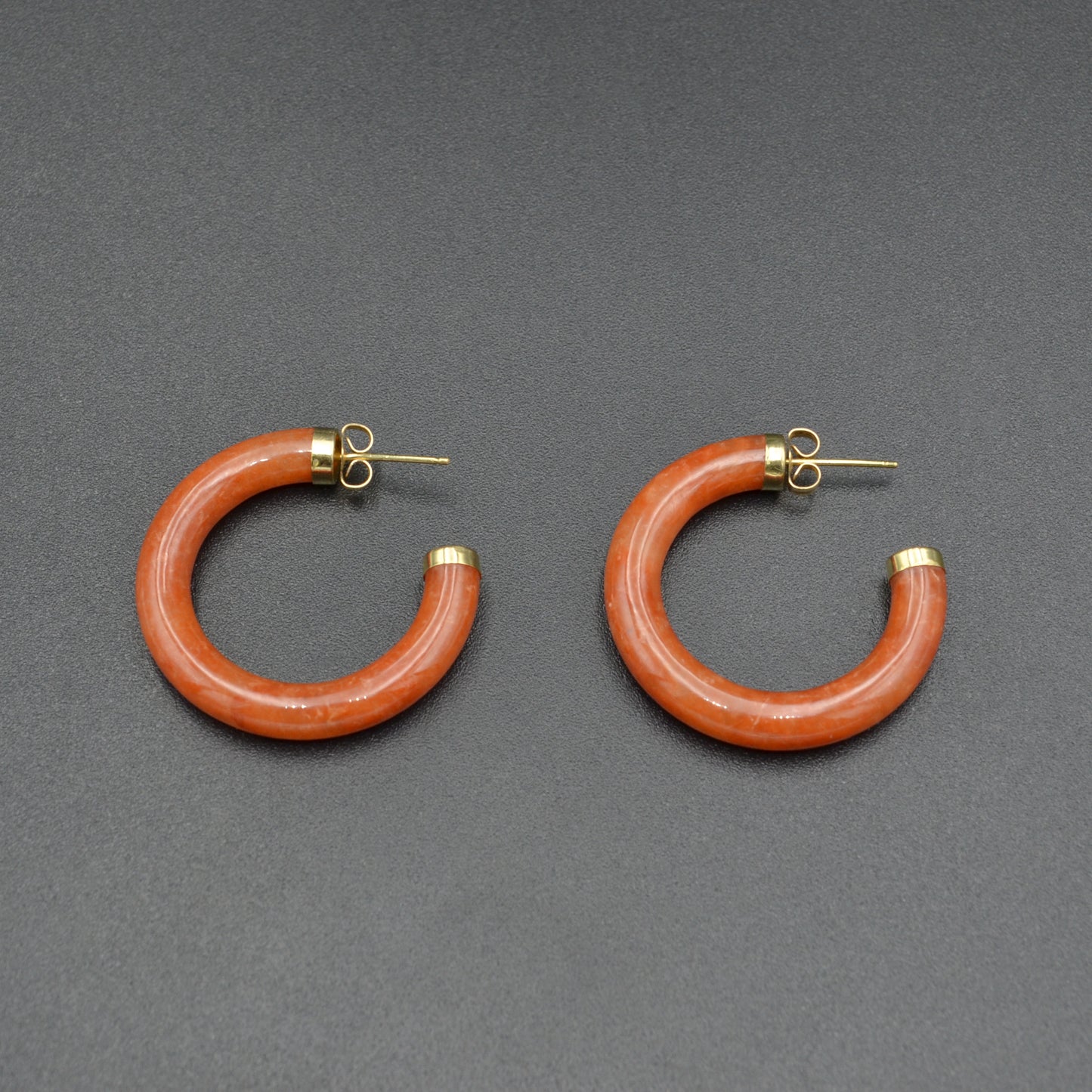 Vintage Minimalist Red Jadeite Jade and 14k Gold Hoop Earrings