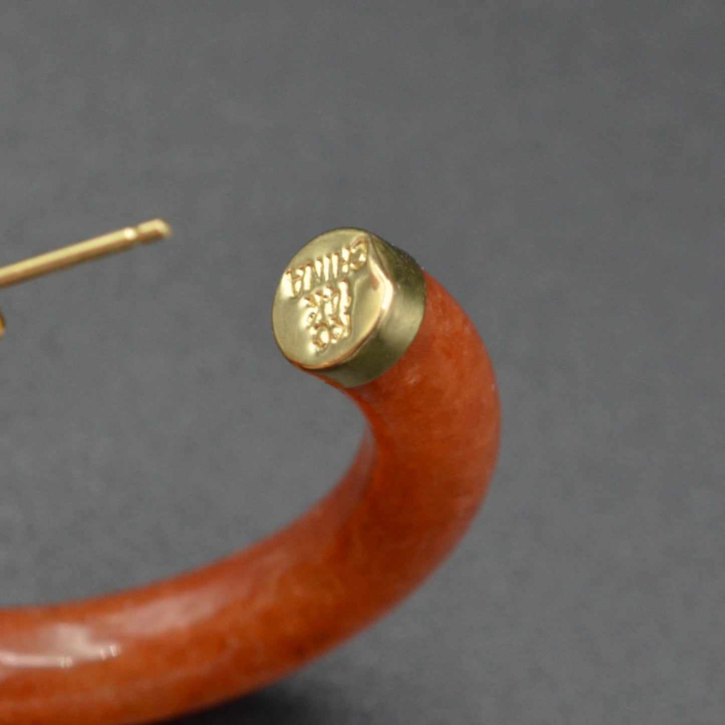 Vintage Minimalist Red Jadeite Jade and 14k Gold Hoop Earrings