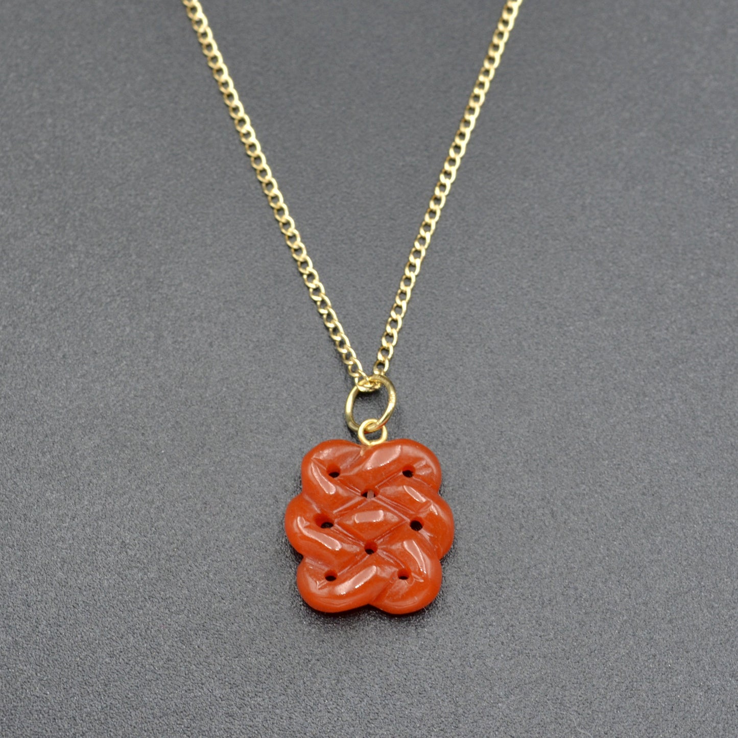 Vintage 14k Gold and Red Jade Endless Knot Pendant Necklace