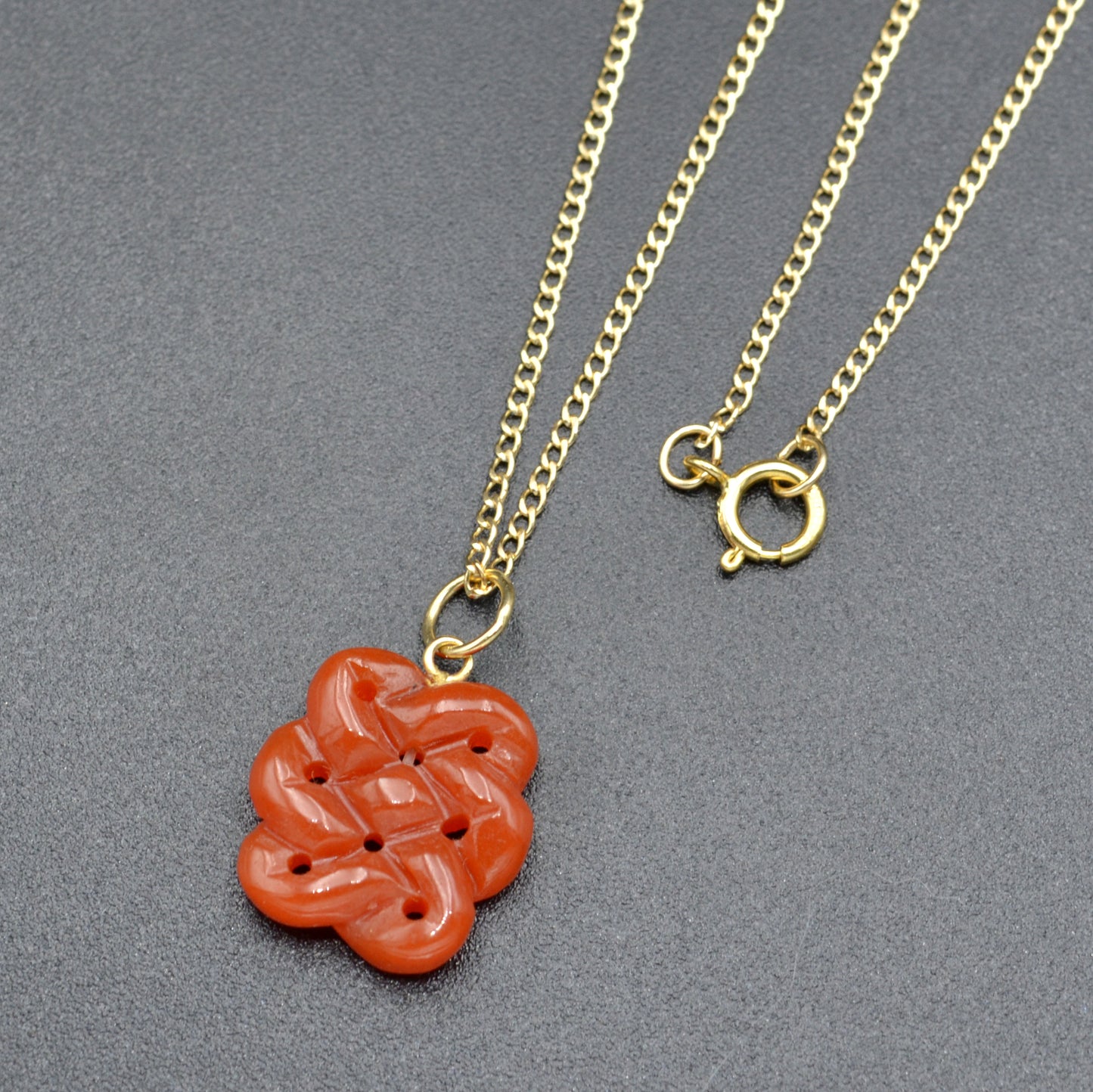 Vintage 14k Gold and Red Jade Endless Knot Pendant Necklace