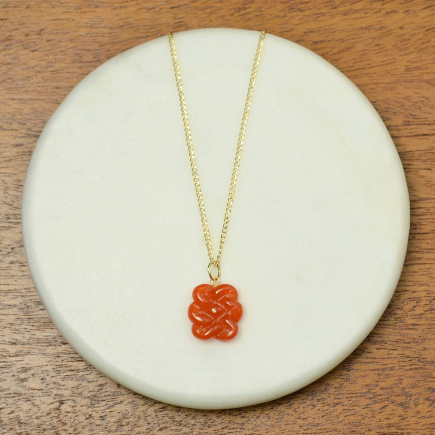 Vintage 14k Gold and Red Jade Endless Knot Pendant Necklace