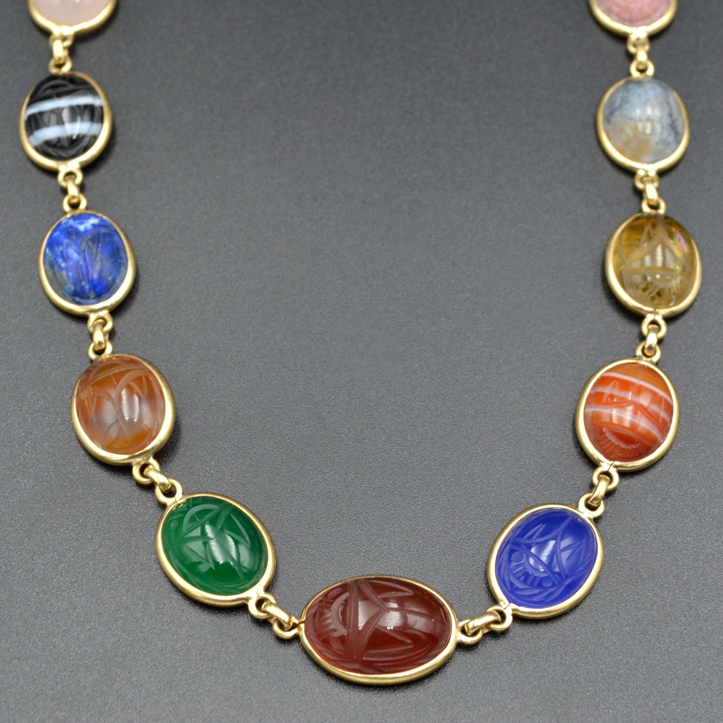 Vintage Egyptian Revival Gemstone Scarab and 14k Gold Collar Necklace