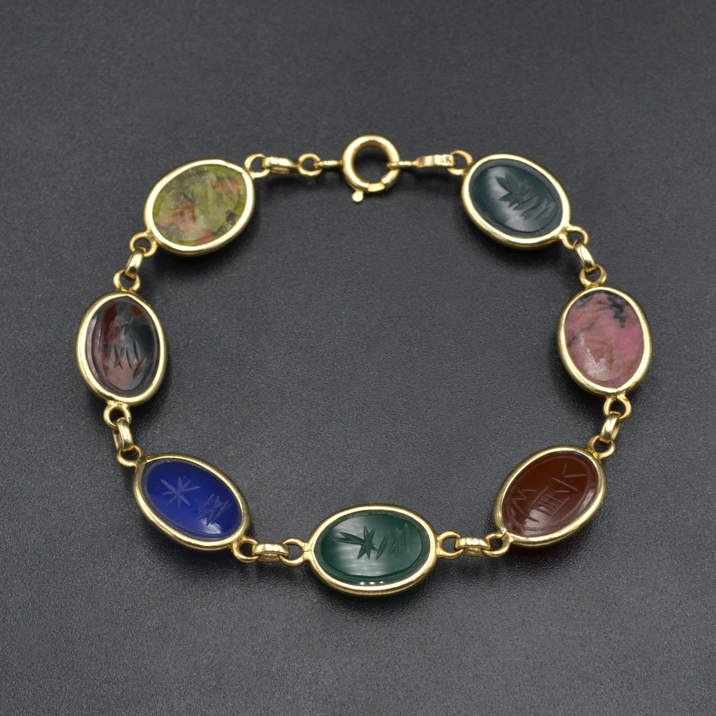 Vintage Egyptian Revival Gemstone and 14k Gold Scarab Bracelet
