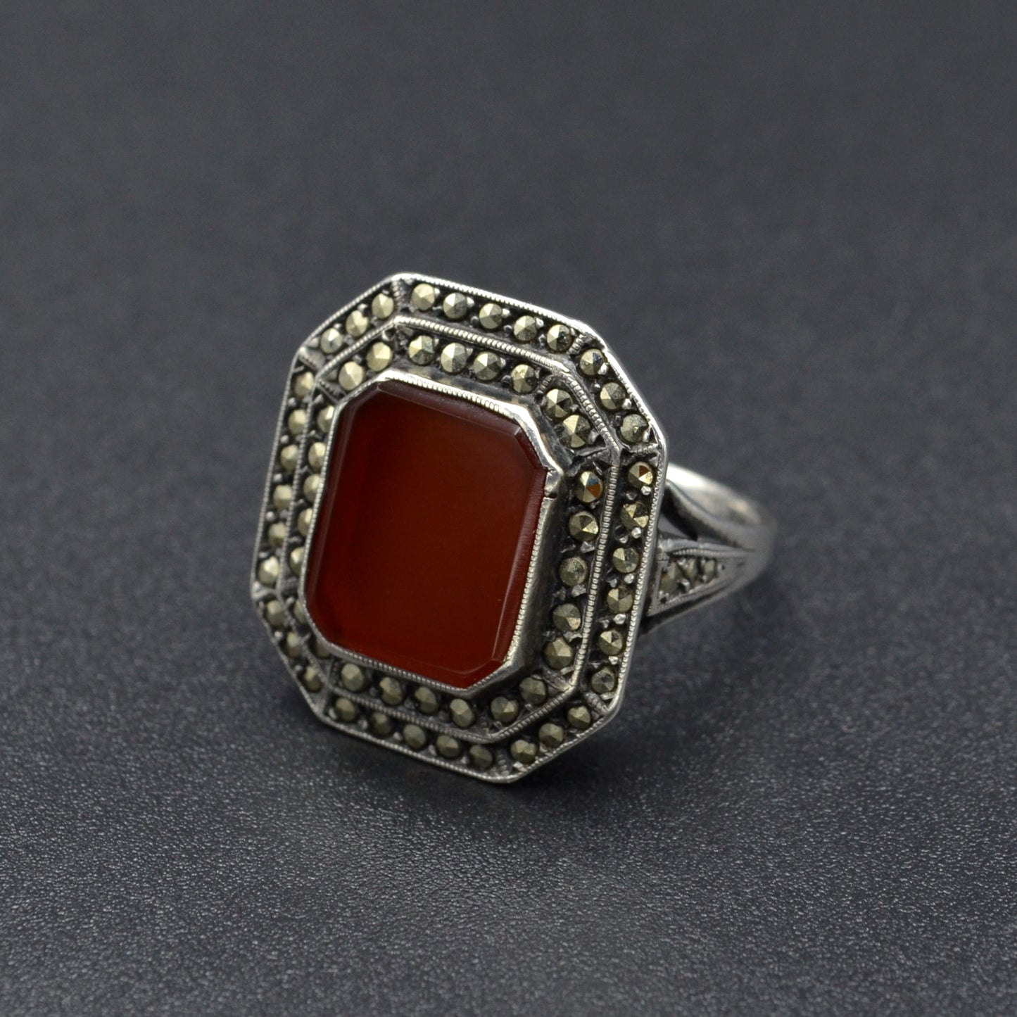 Carnelian and Marcasite Silver Ring