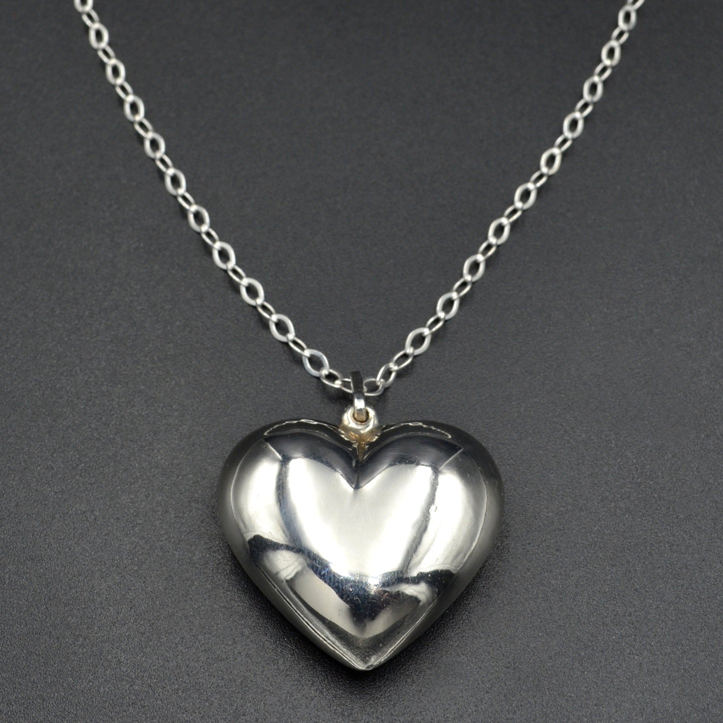 Vintage Puffed Silver Heart Pendant Necklace